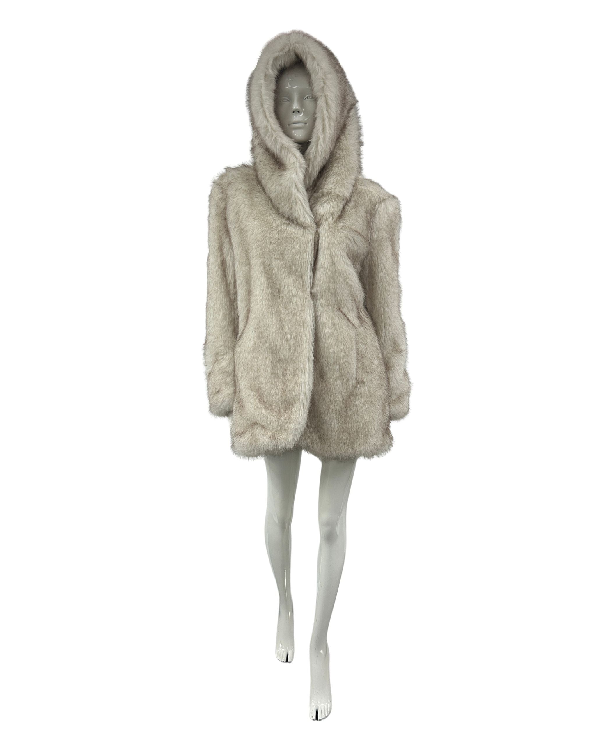Mannequin wearing a beige hooded coat on a white background