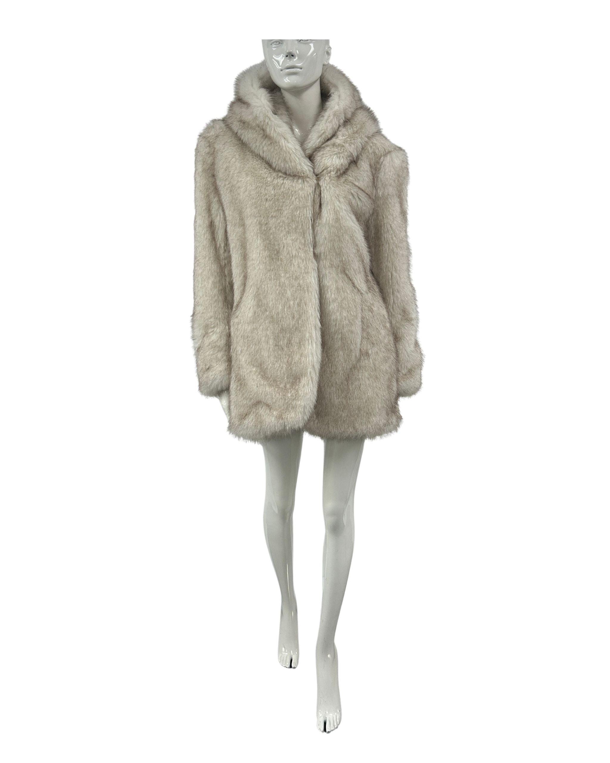 Beige fur coat on a mannequin against a white background with hood down