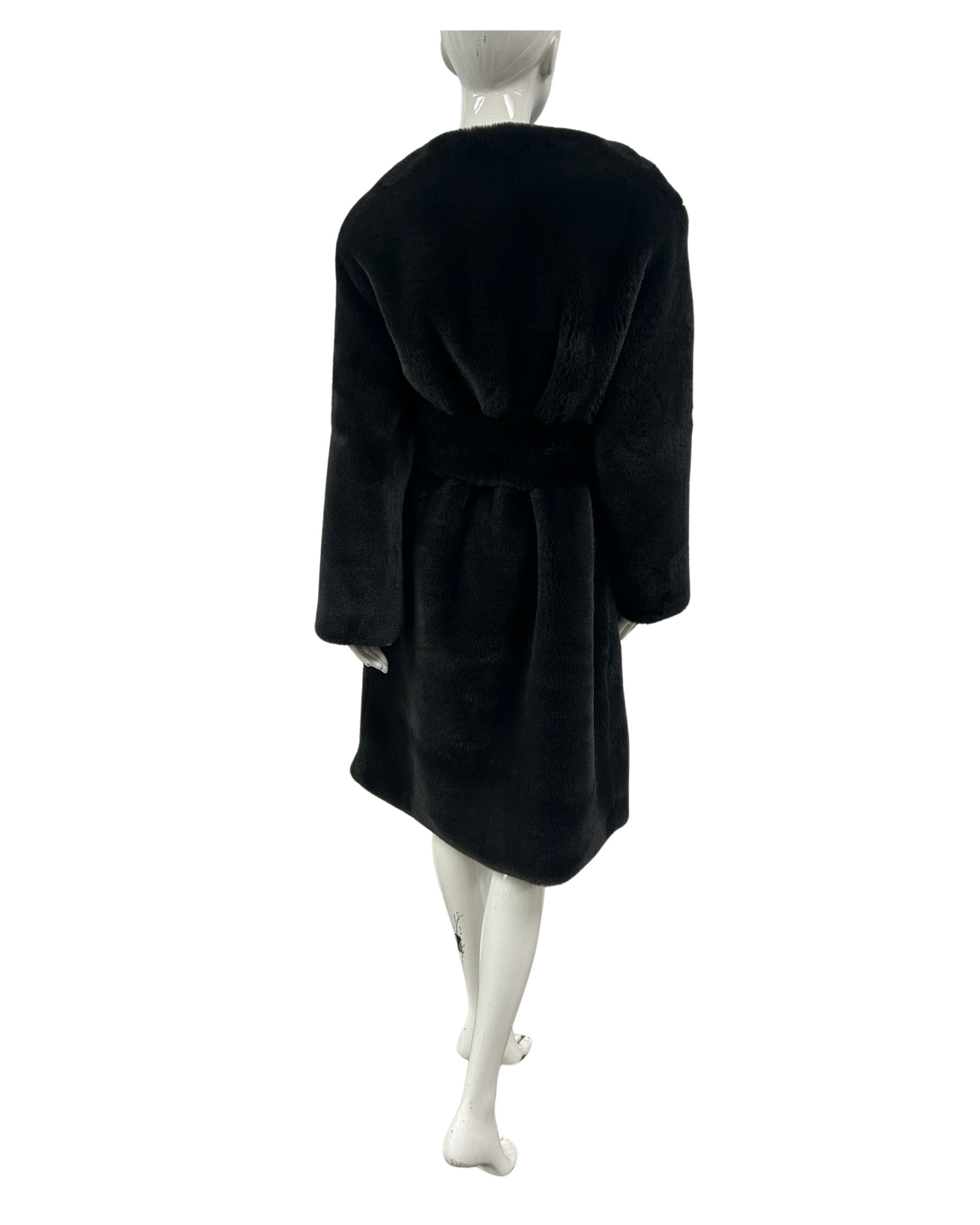 Mannequin wearing black cruelty free belt coat