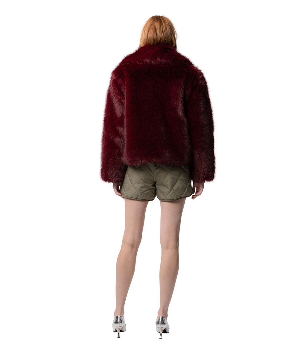 KELLY jacket in Merlot — back view of cropped animal-free faux fur coat with exaggerated collar and vegan leather contrast
