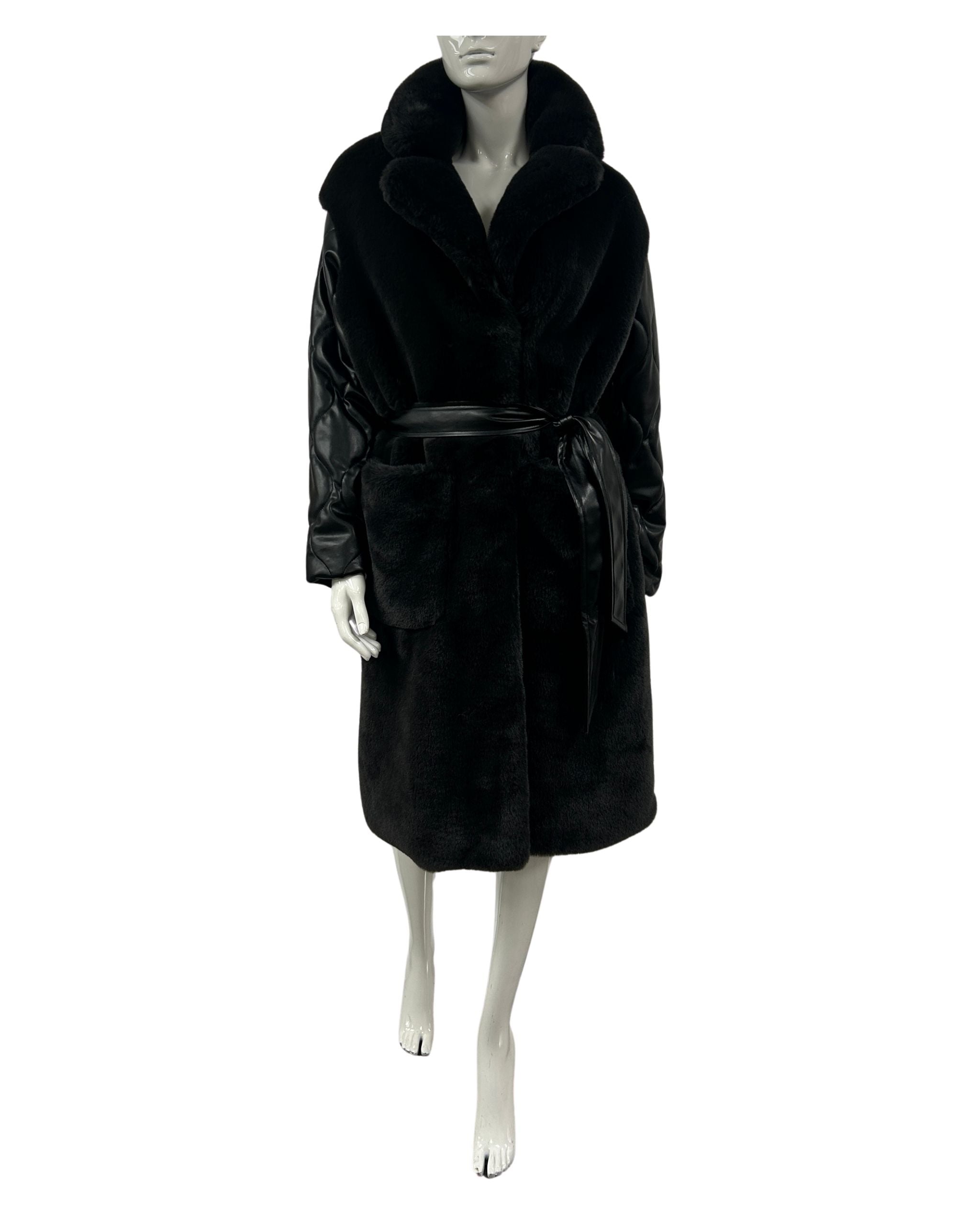 Mannequin wearing a black belted faux fur coat with vegan leather contrast