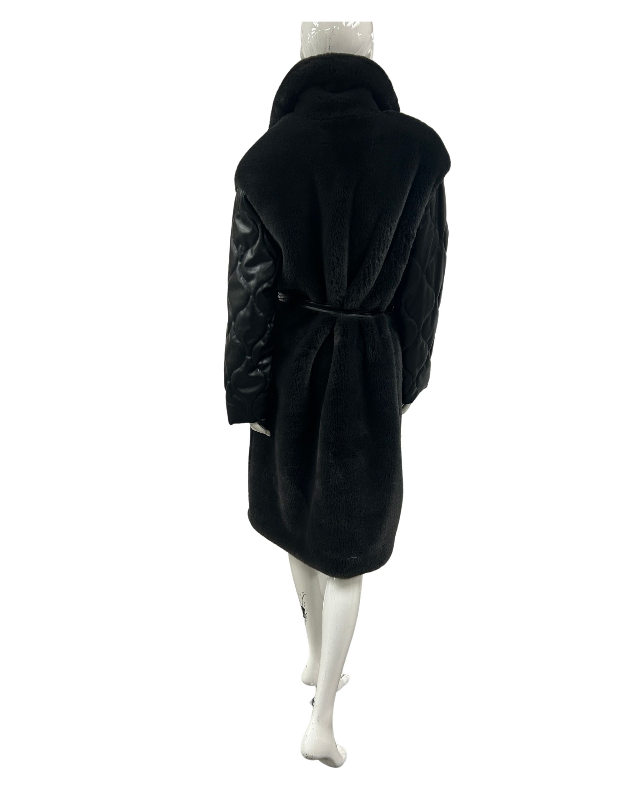 Mannequin wearing a black belted faux fur coat with vegan leather contrast