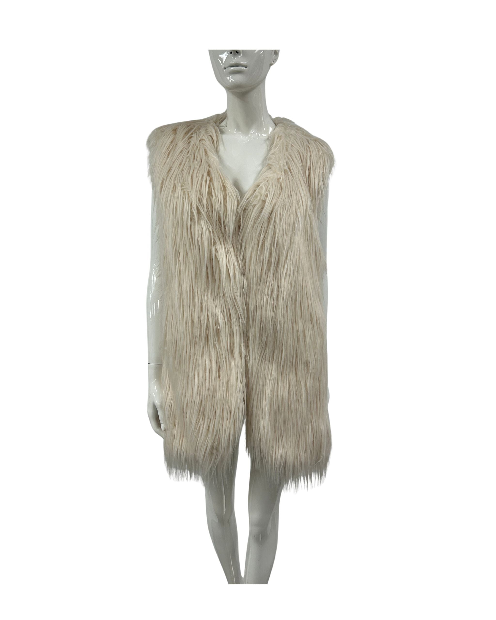 Mannequin wearing a beige fur vest on a white background