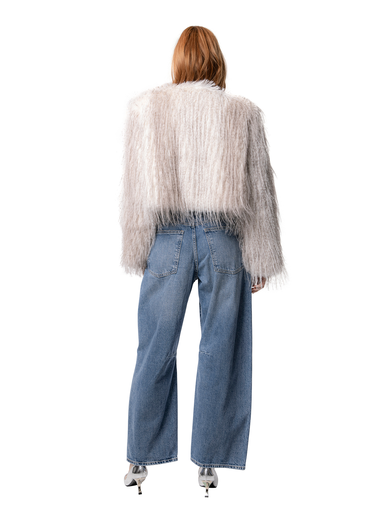 ANNA jacket in Cream Ostrich — back view of cropped faux fur outerwear with smooth lines and elevated texture.