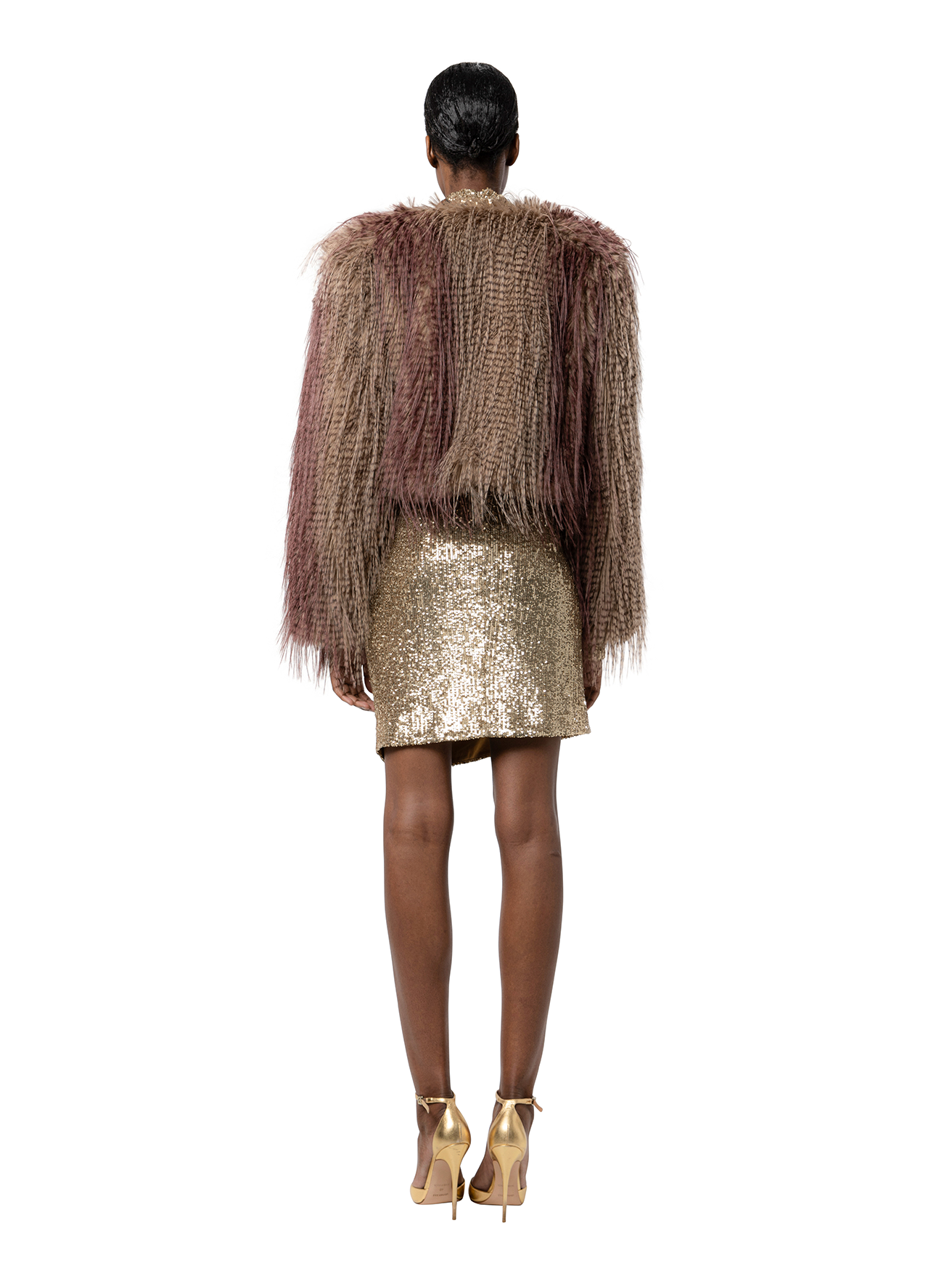 ANNA jacket in Ostrich — back view of cropped faux fur outerwear with clean cut and plush vegan texture.