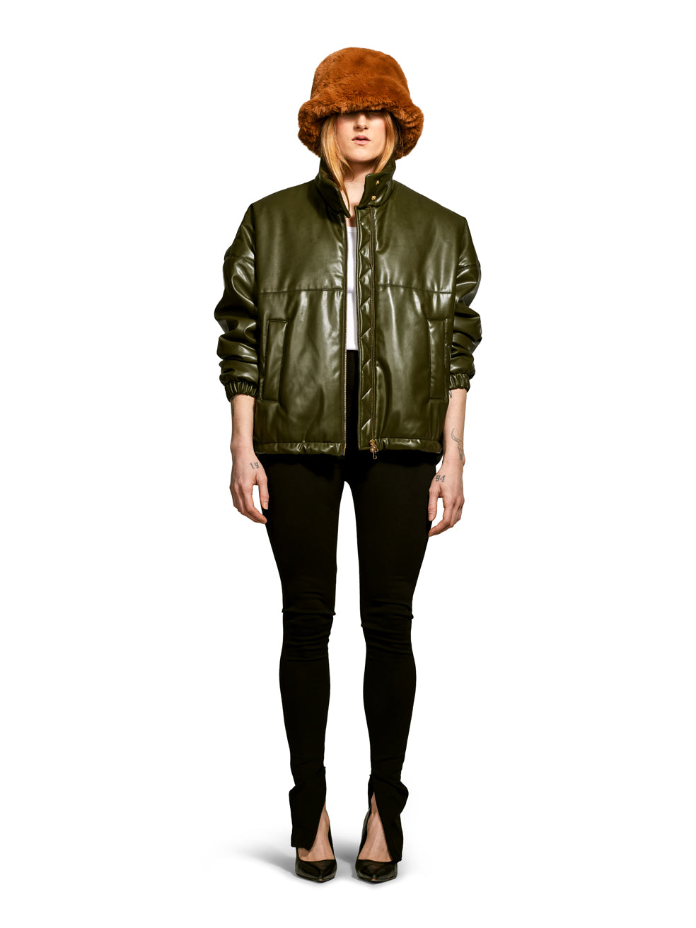 Billy Green Olive Responsible Faux Leather Sustainably Made in Canada Cropped Bomber Jacket