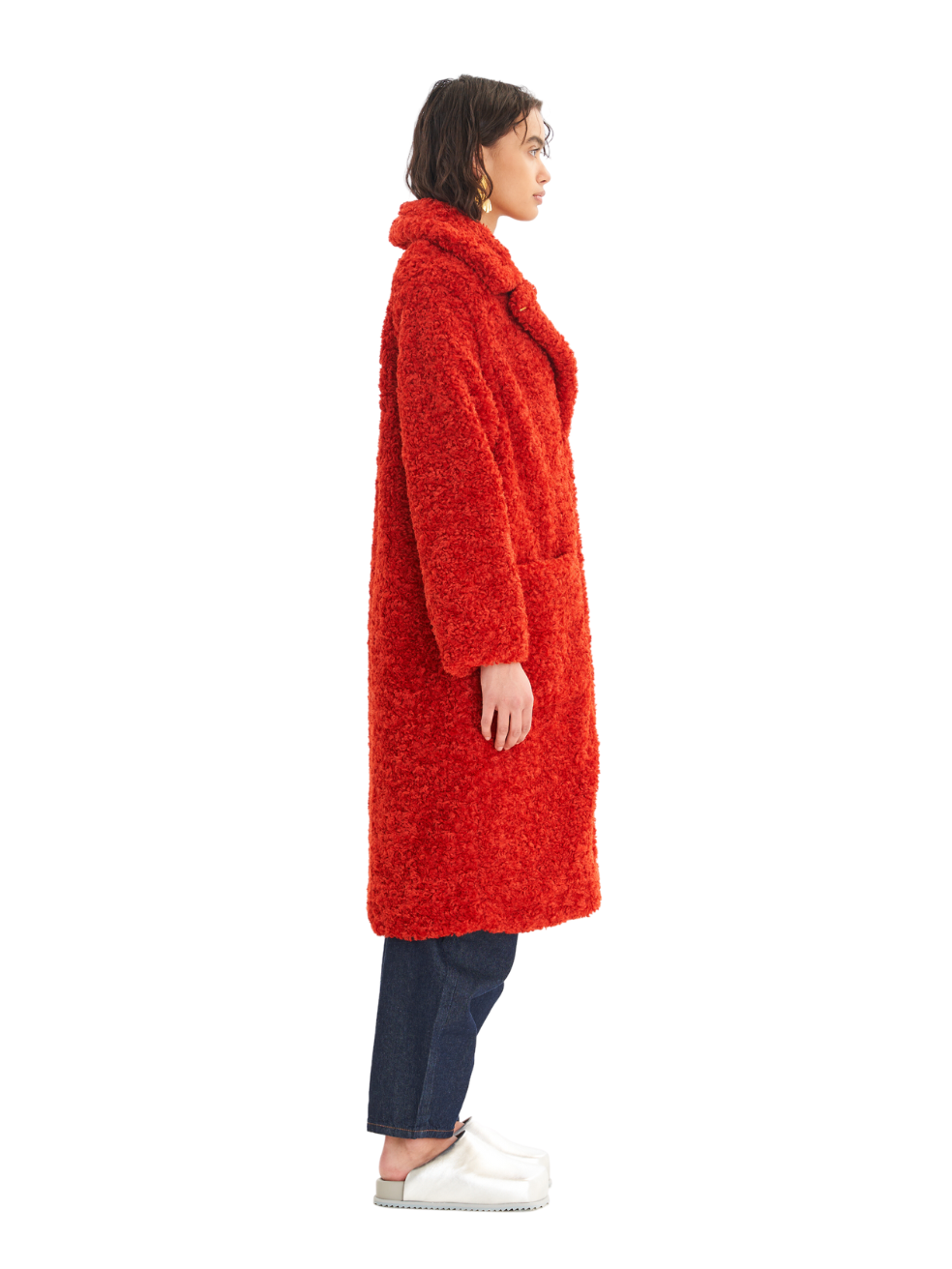 Bright Red Ruby Long Teddy Coat Responsible Sustainable Faux Sherpa