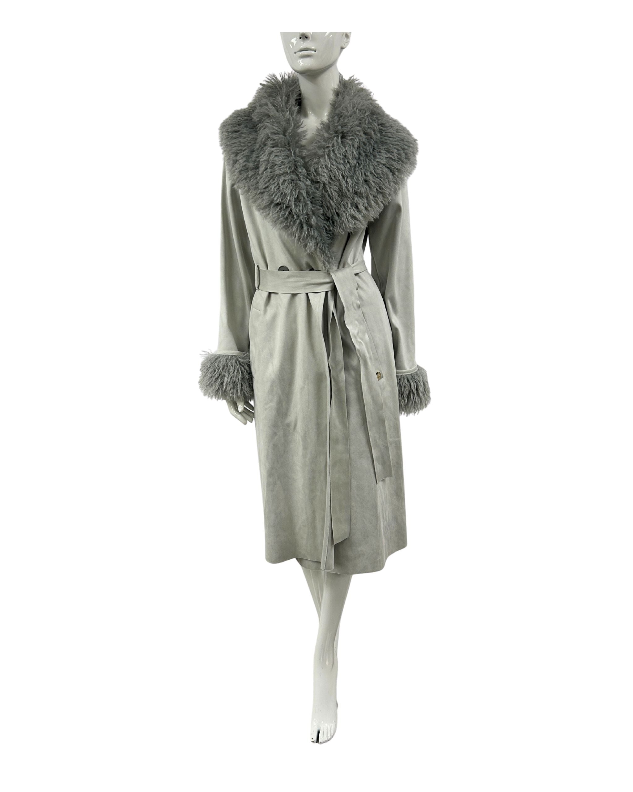 Vegan suede wrap coat with cruelty free fur trim