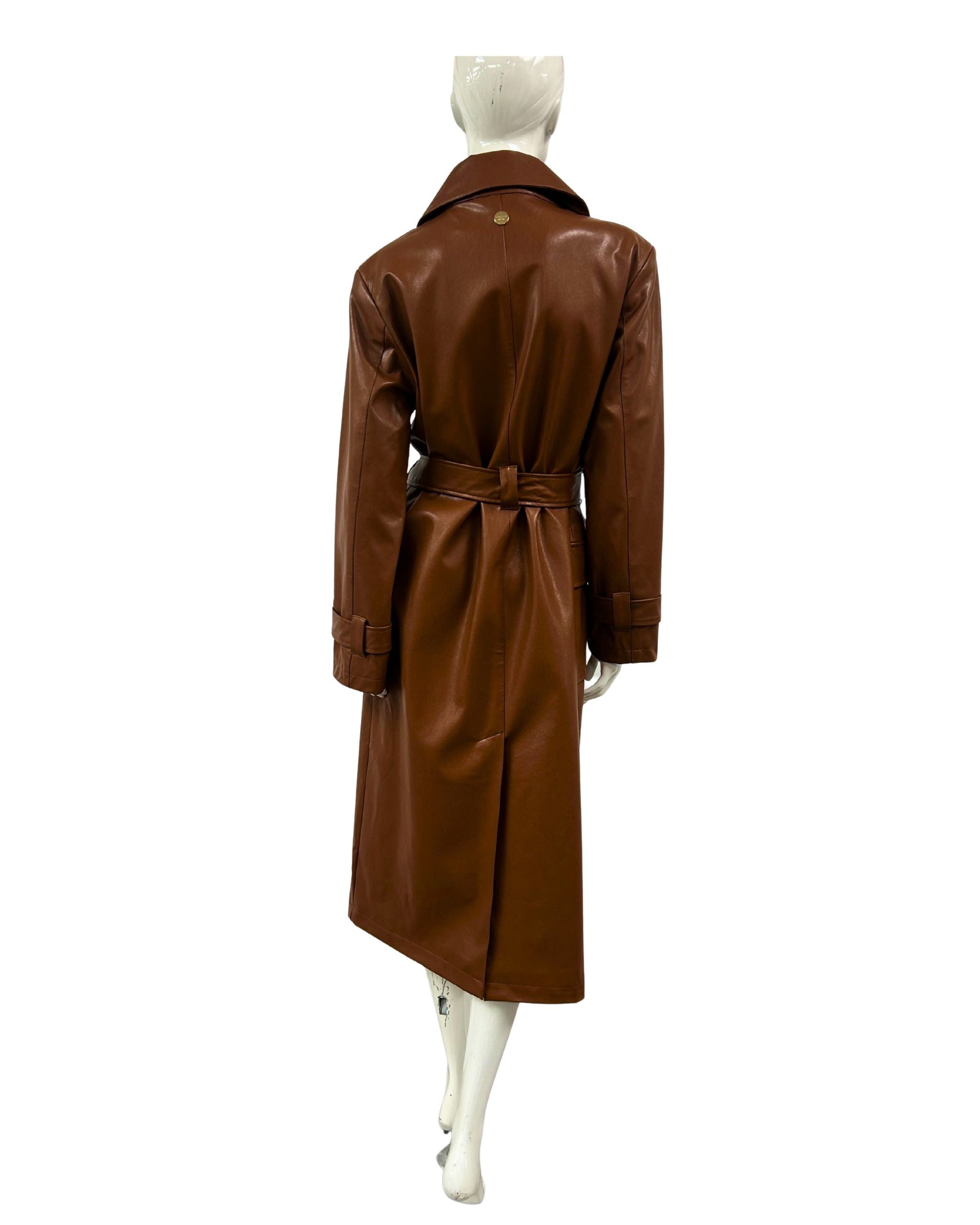 Back view of glossy sienna vegan leather trench coat with self belt