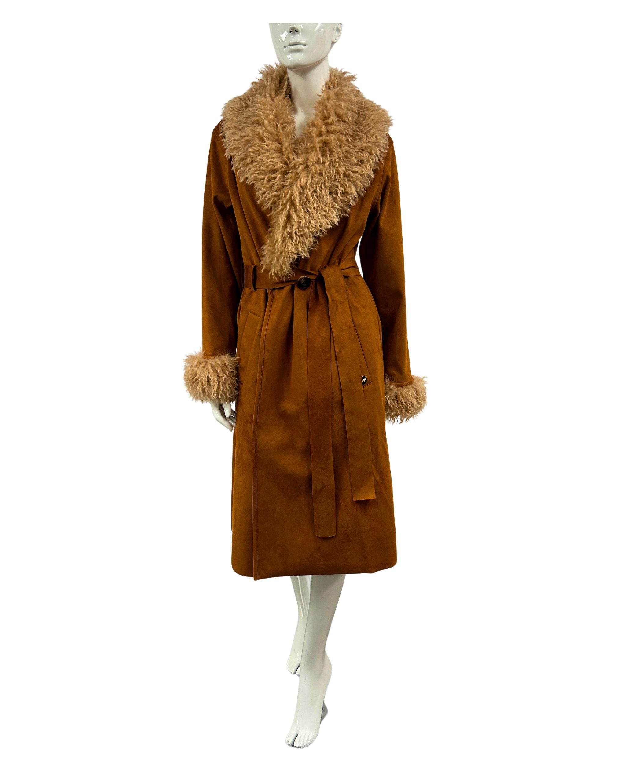 Brown coat with fur collar and cuffs on a mannequin against a white background