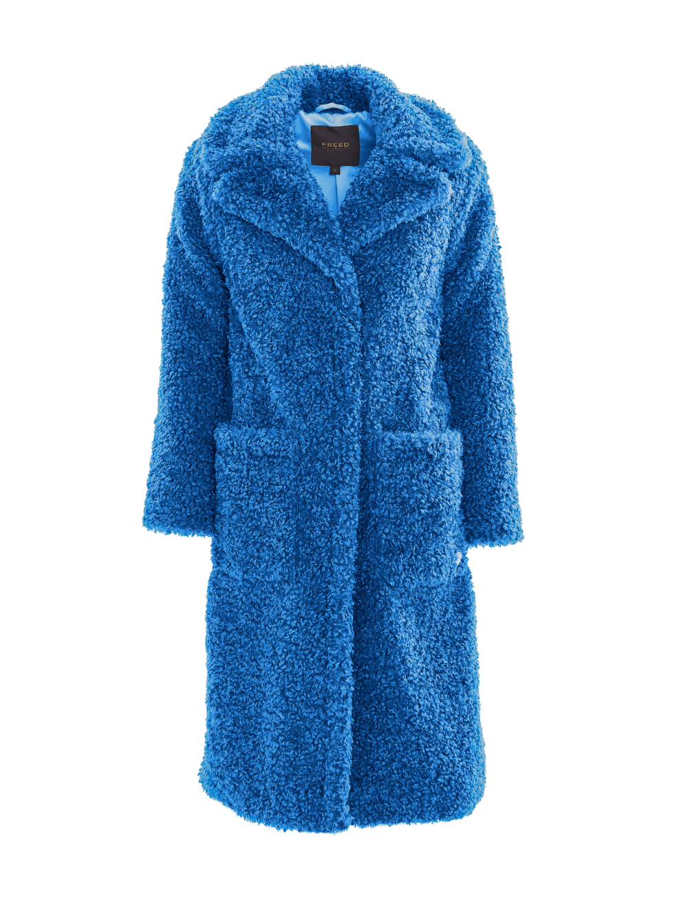 Ruby Blue Curly Teddy Canadian Legacy Brand FREED Faux Sherpa Vegan Long Coat