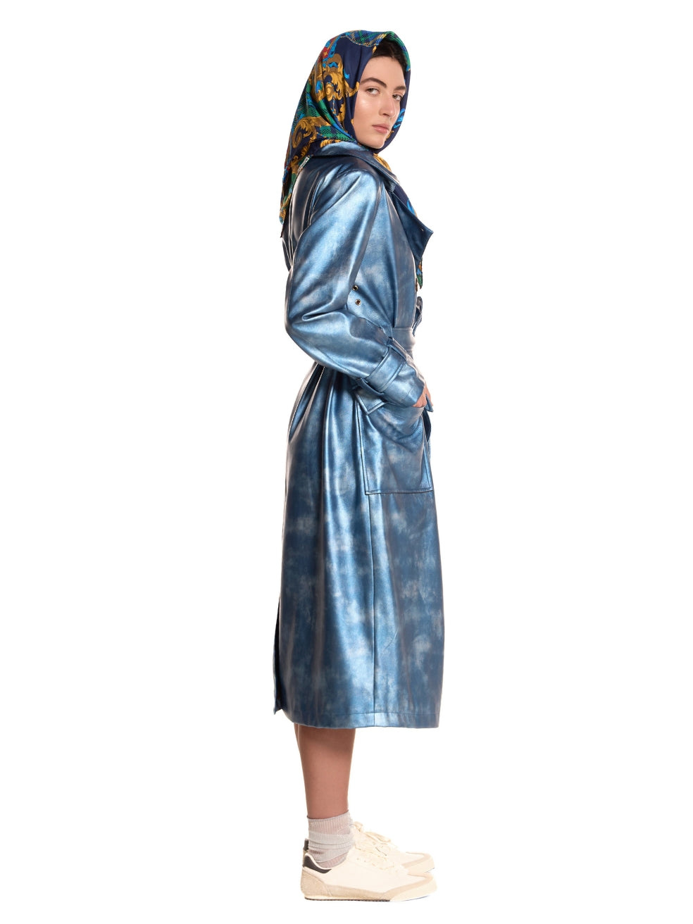 Gina trench coat bombay blue luxury faux leather zero waste