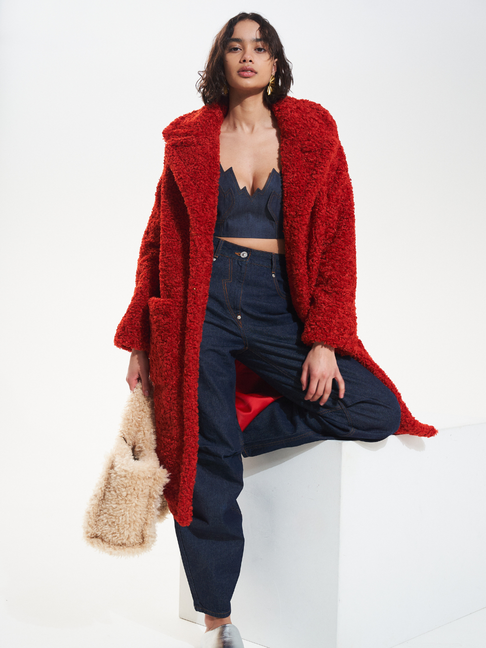 Ruby Red Curly Animal Free Sherpa Coat Ethical Fashion Living Wage