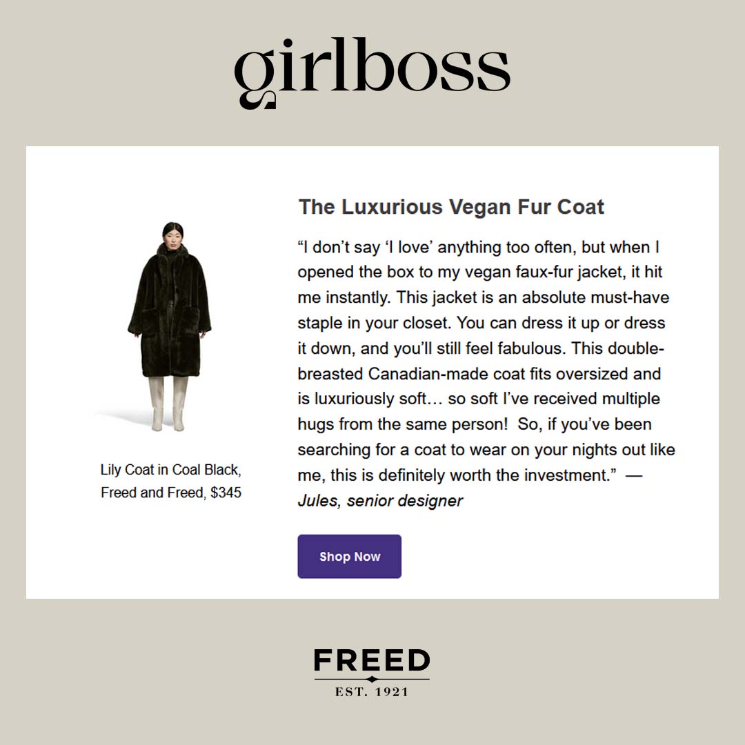 FREED's Lily cruelty-free fur coat in Coal Black recommended by Girlboss.