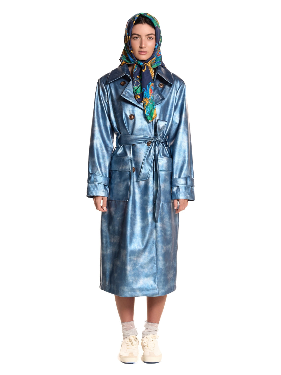 Gina trench coat bombay blue luxury faux leather zero waste