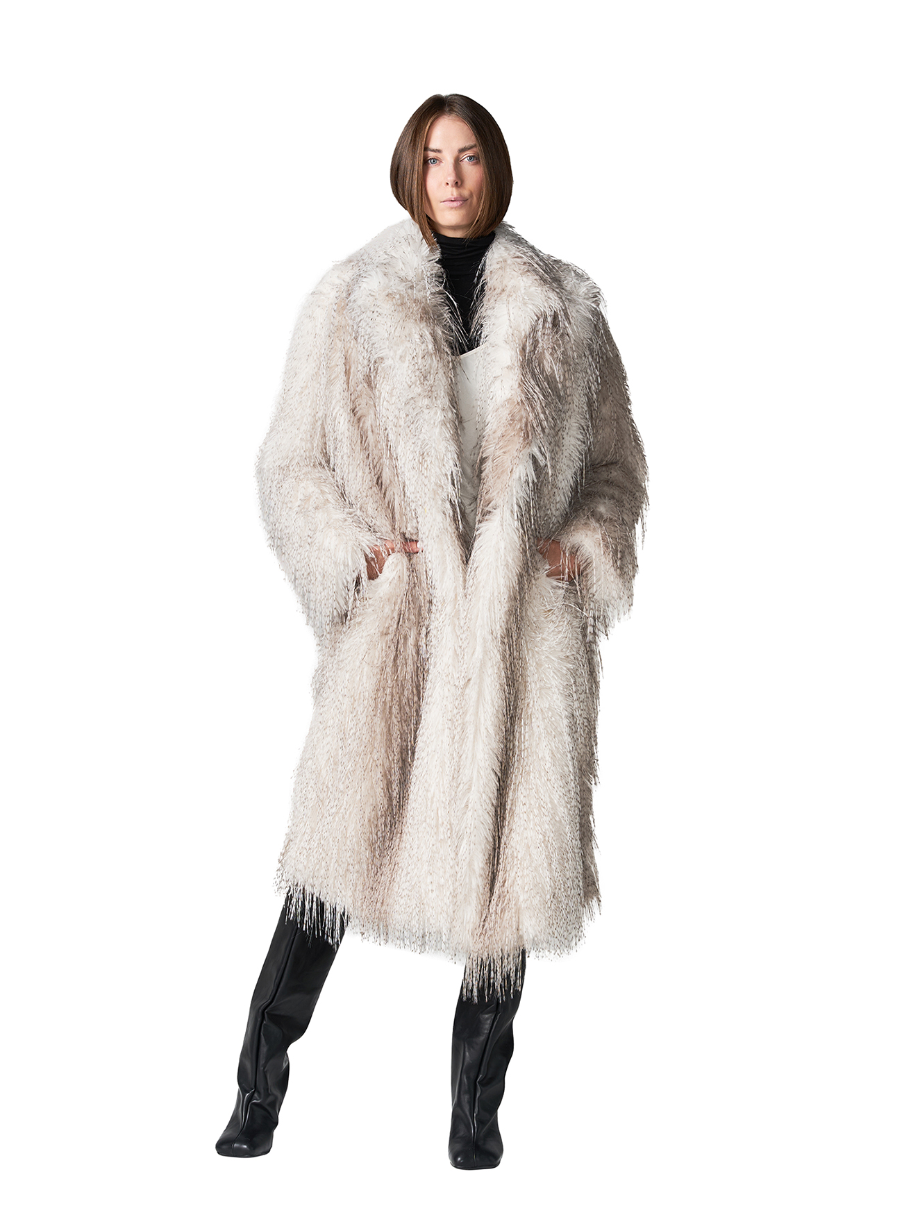 Cream Ostrich London Cruelty-Free Fur Oversized Coat - Front View On Model