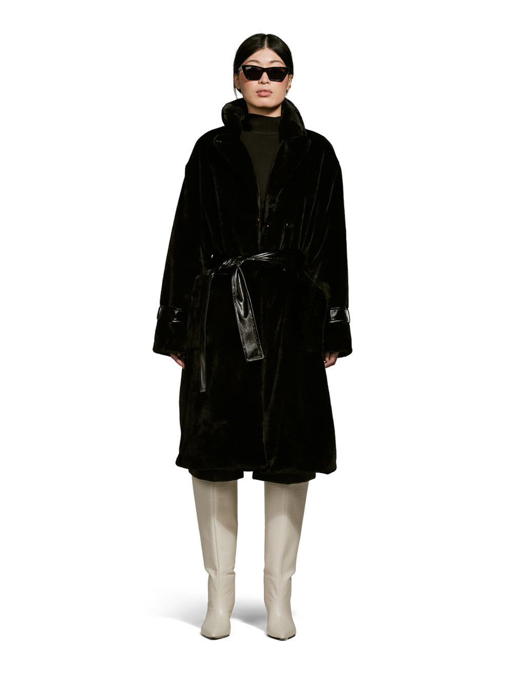 Violet black belted sustainable zero waste vegan fur long coat cold weather