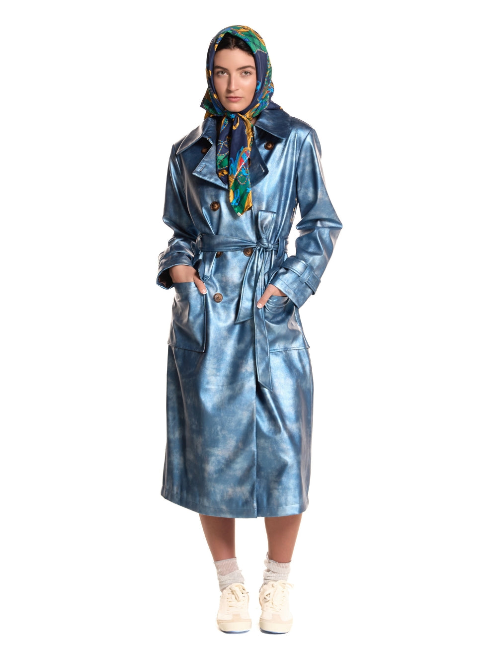 Trench coat gina bombay blue made in canada vegan leather zero waste