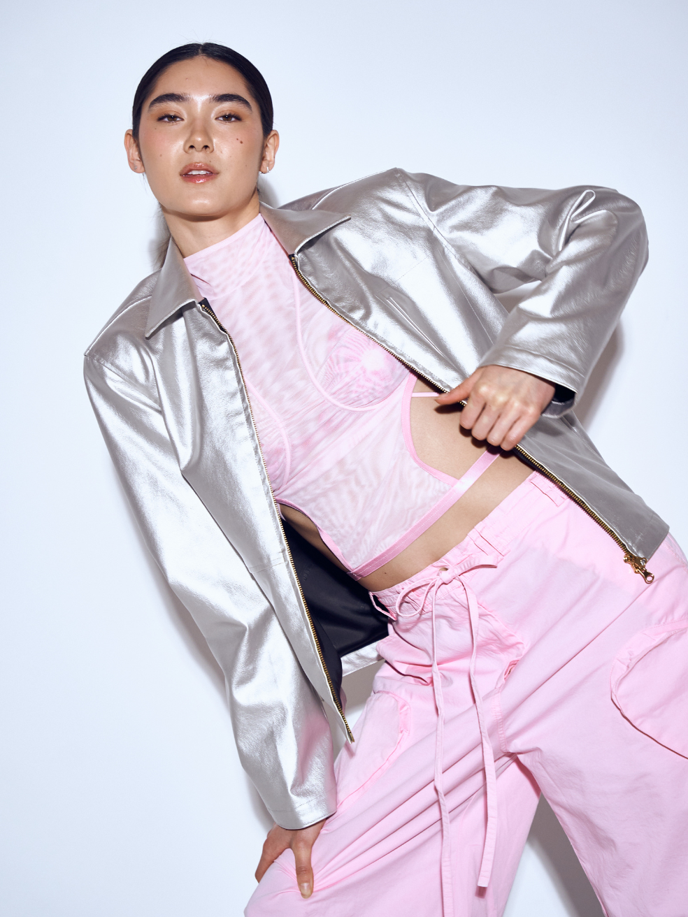 Ryan Silver Vegan Leather Zip Up - Editorial Image