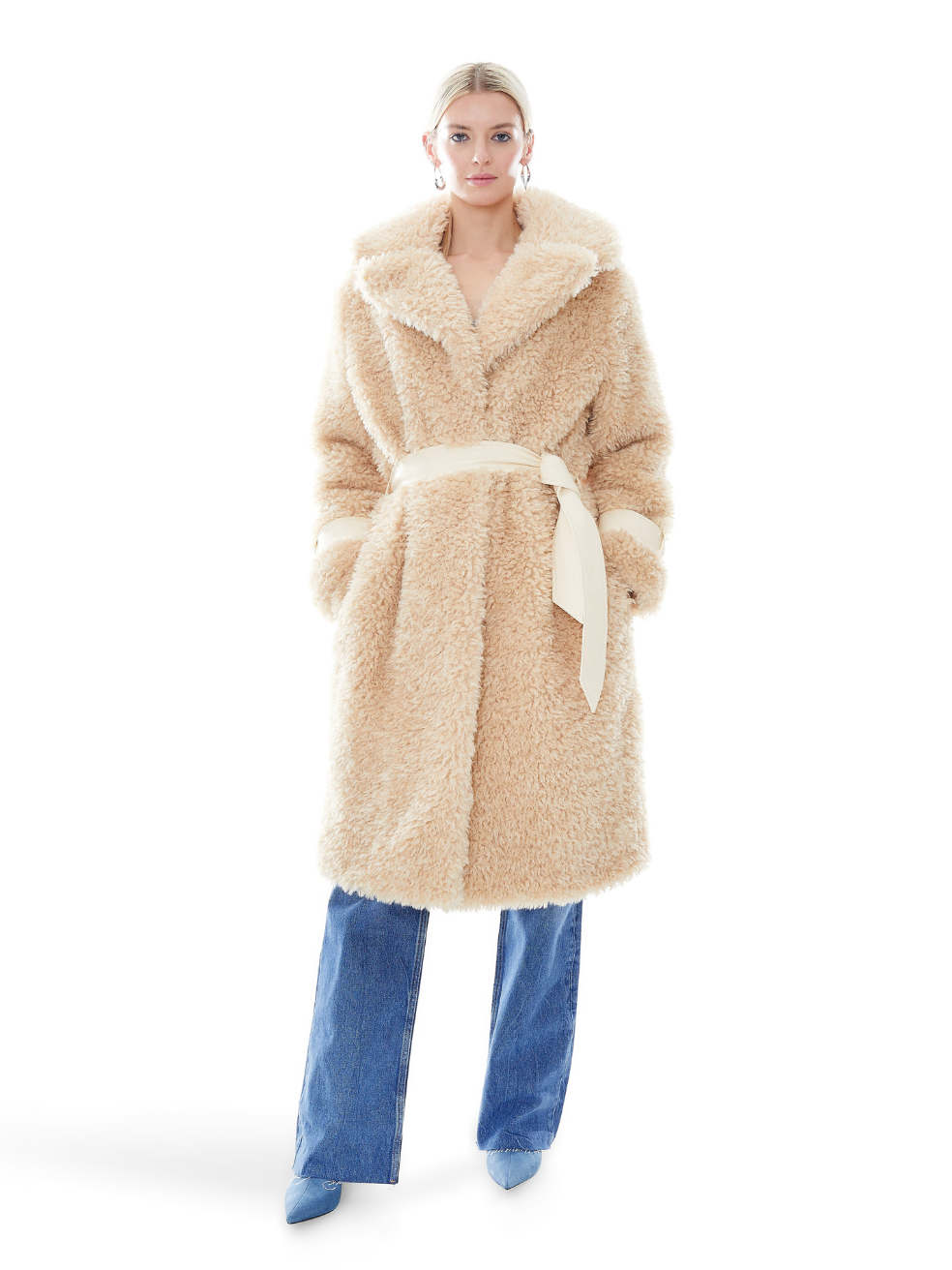 Violet Sandy Canadian Made Luxury Outerwear Belted Sherpa Long Coat Teddy Vegan Fur Leather Beige