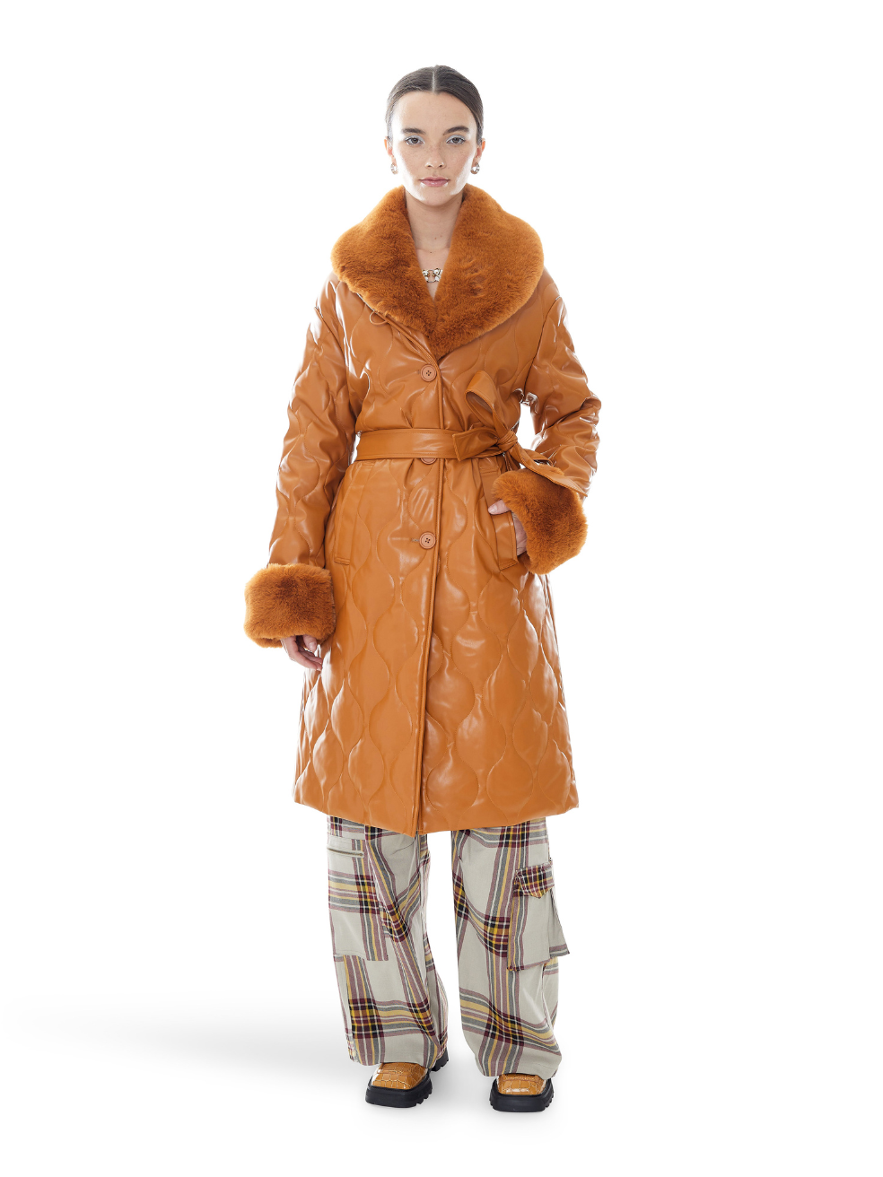 Carrie Spice Canadian Made Luxury Outerwear Quilted Belted Vegan Leather and Fur Coat