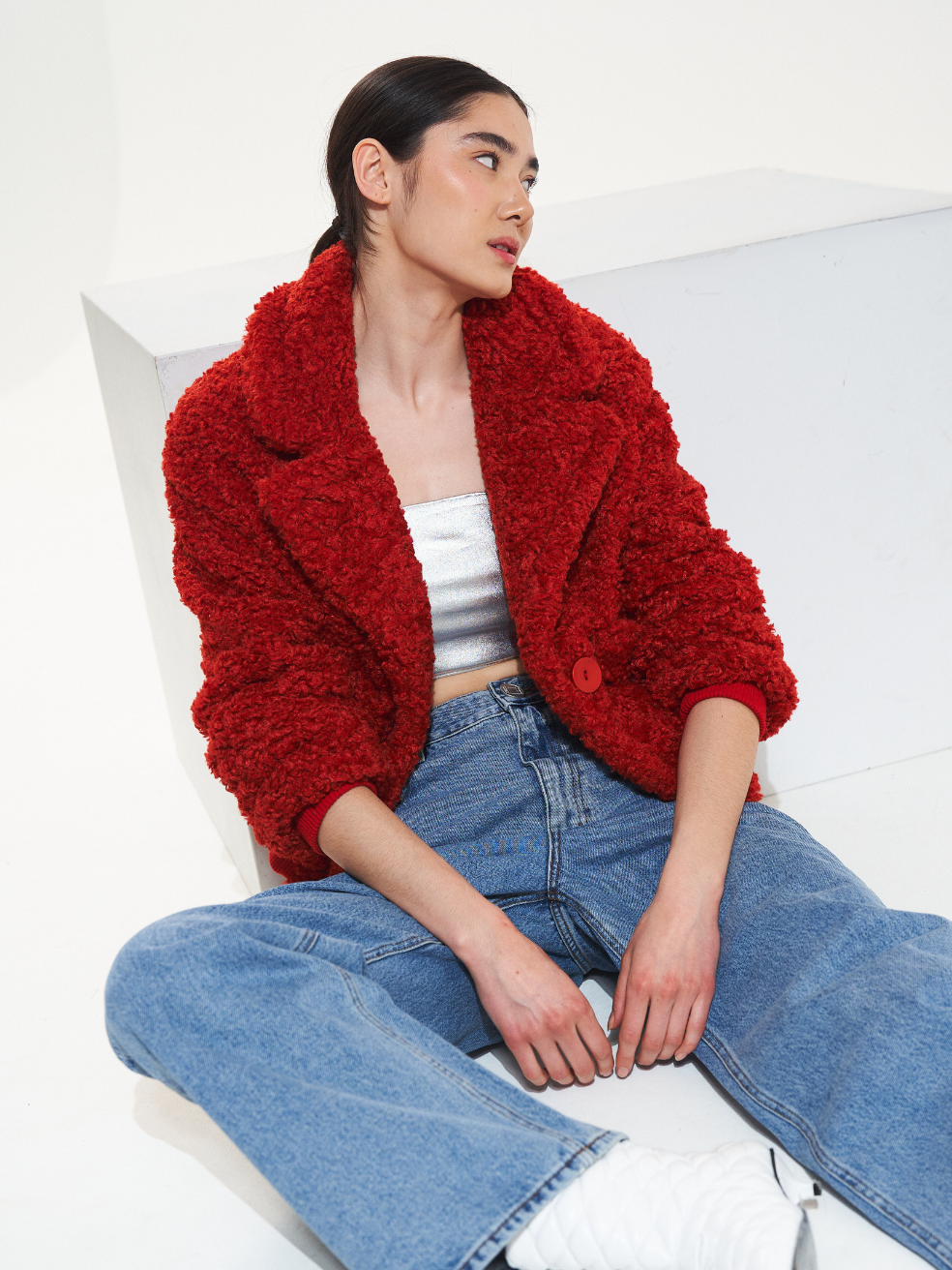Romeo Red Canadian Vegan Sherpa Coat Cropped Teddy Luxury Outerwear