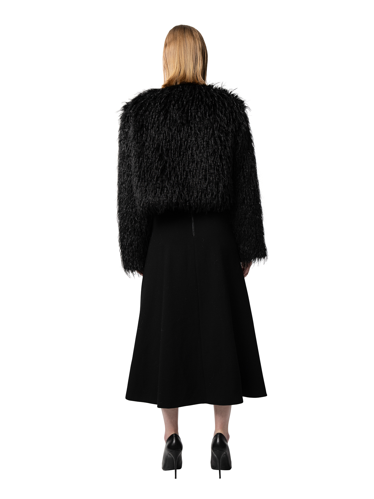 ANNA jacket in Carbon — back view of cropped vegan outerwear with clean lines and plush textured faux fur.