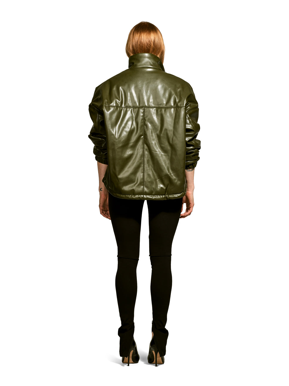 Billy Olive Green Conscious Fashion Winter Coat Cropped Made in Canada Vegan Leather Bomber