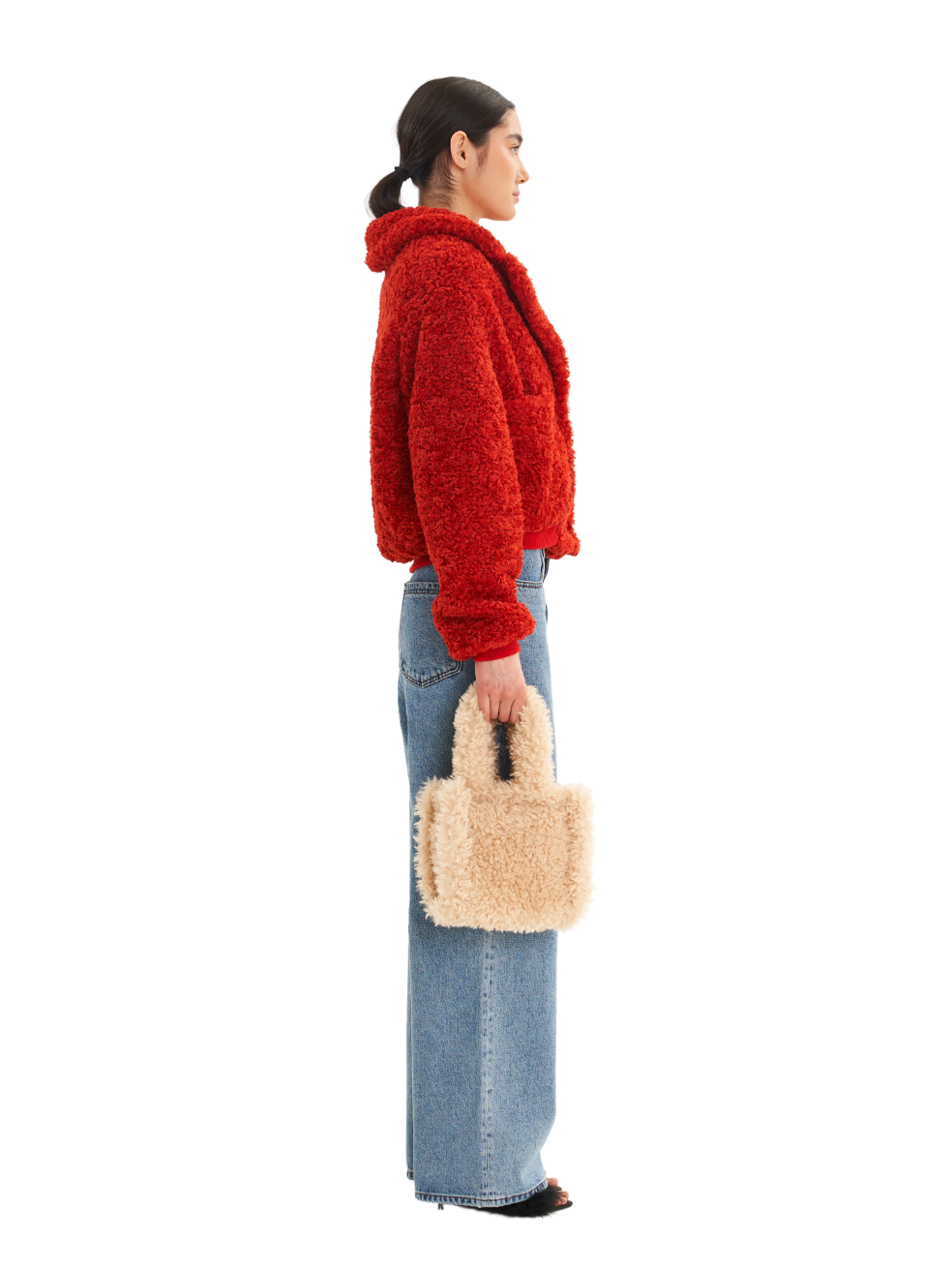 Romeo Bright Red Cruelty Free Upcycled Vegan Sherpa Cropped Teddy Coat
