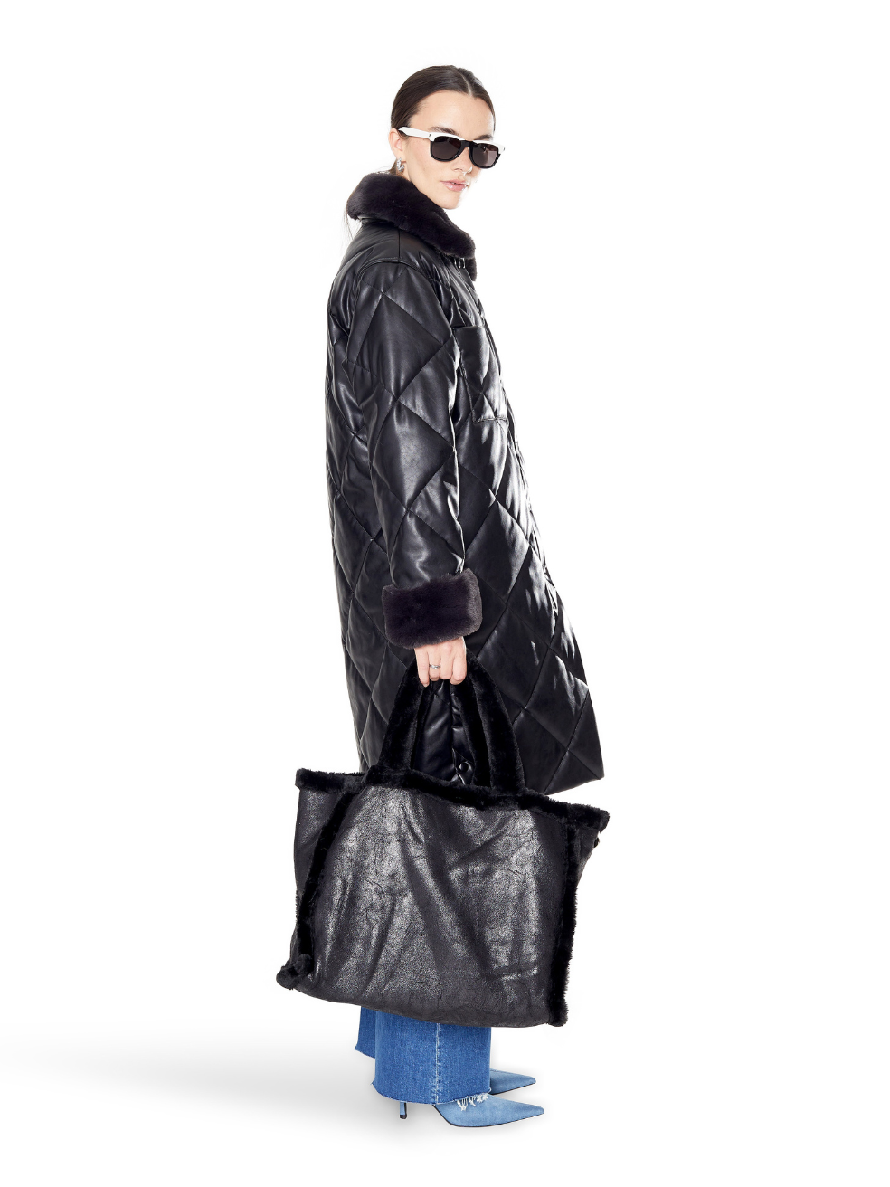 Kym Black Stormi Diamond Quilted Long Jacket Canadian Made Inclusive Fashion Animal Free Leather and Fur