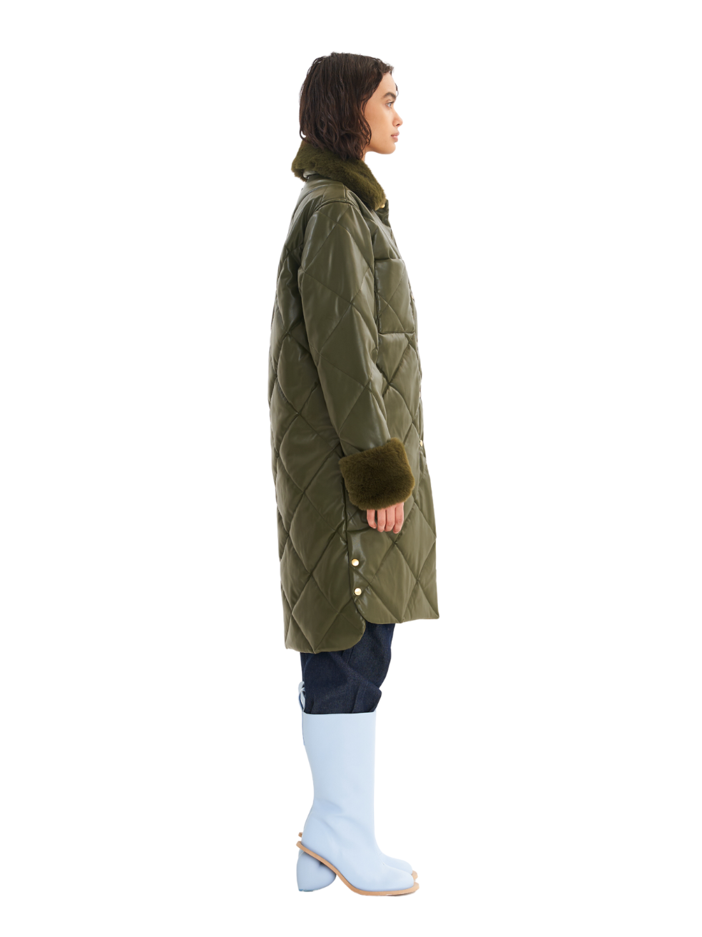 Olive Green Kym Animal Free Leather Quilted Sustainable Coat Made in Canada