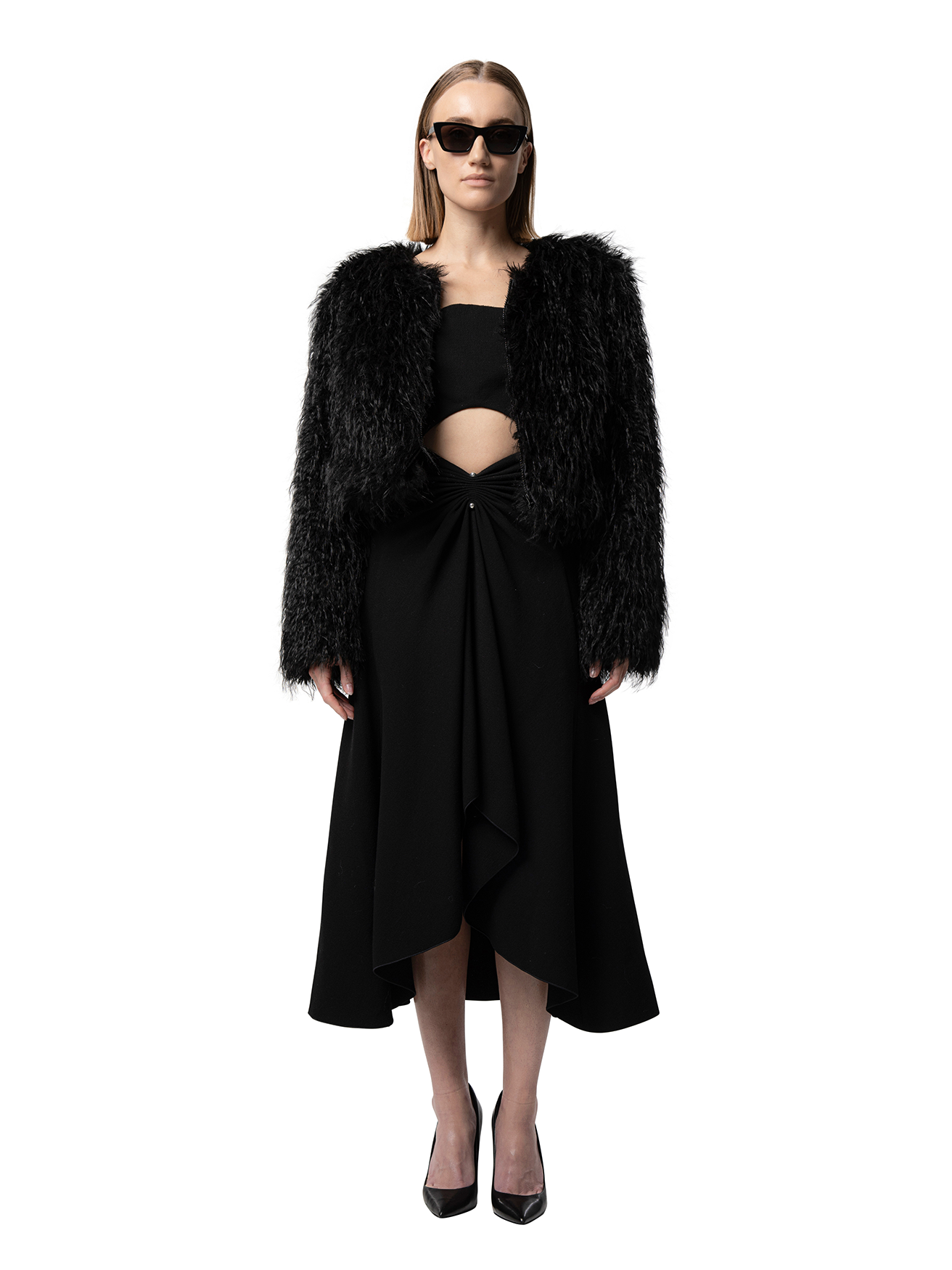 ANNA jacket in Carbon — front view of cropped vegan faux fur coat with clean neckline and soft textured finish.