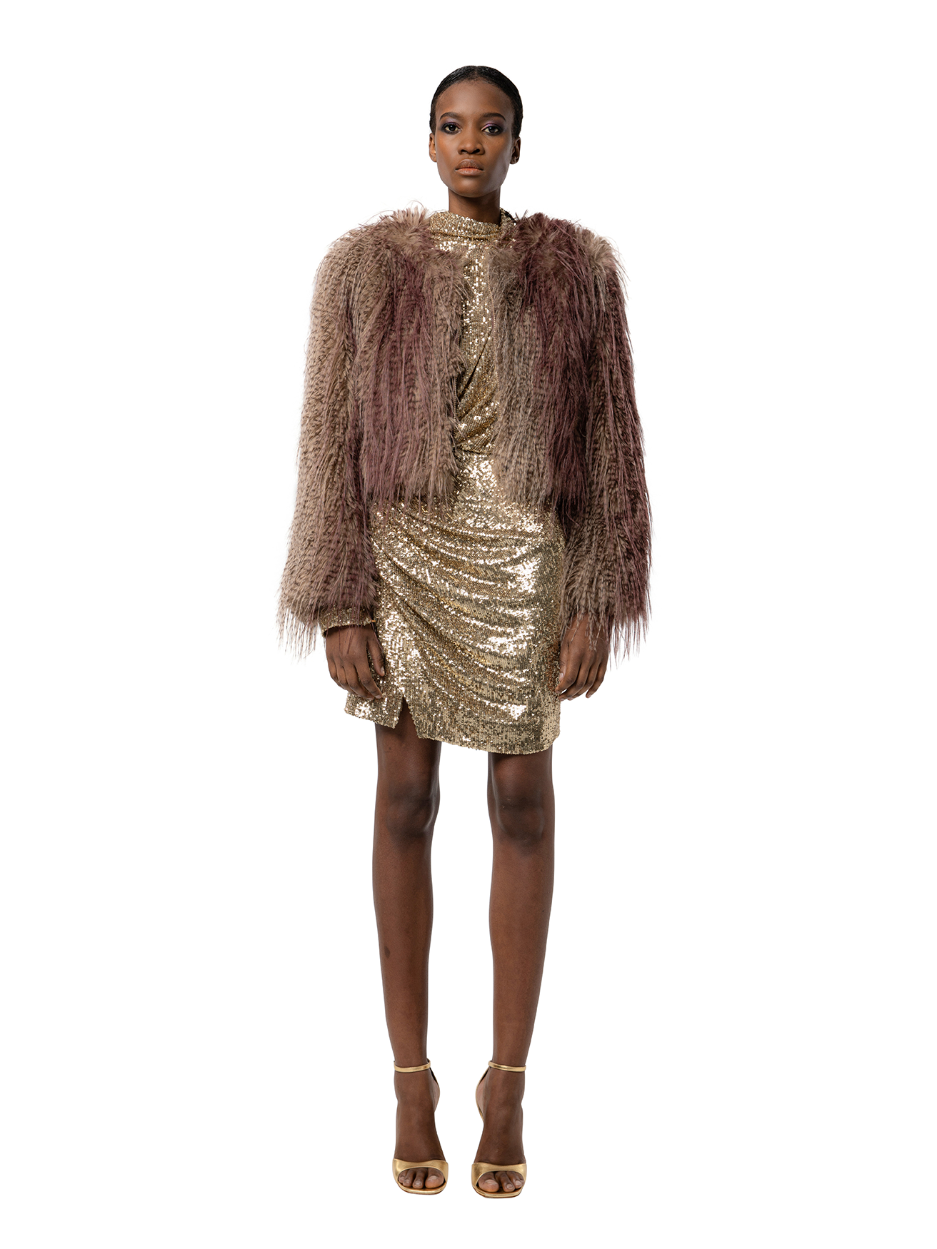 ANNA jacket in Ostrich — front view of cropped vegan faux fur coat with soft texture and minimal neckline closure.