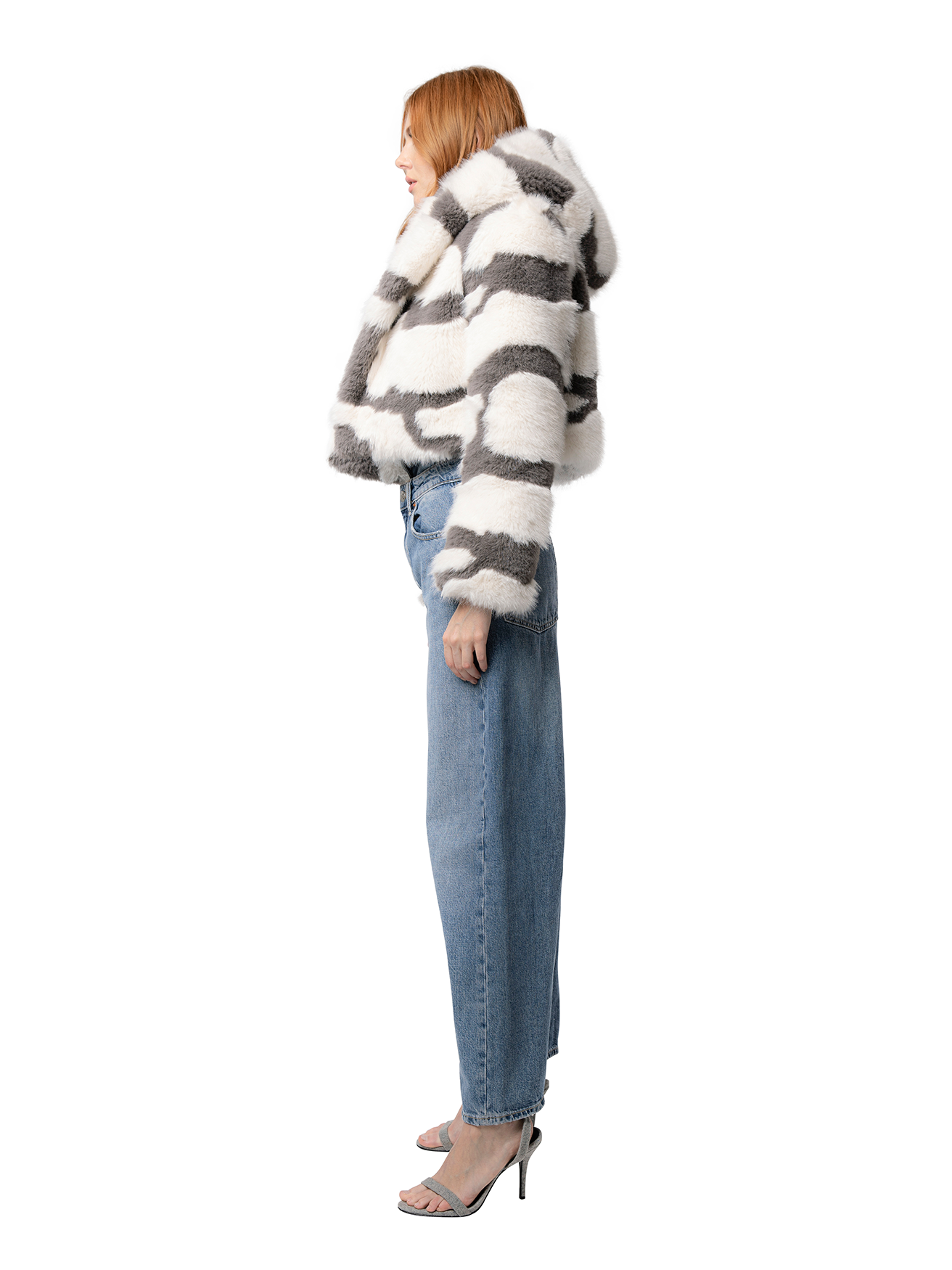 Side view — GEMMA in Grey Camo shown from the side, highlighting the soft cruelty-free fur and casual silhouette.