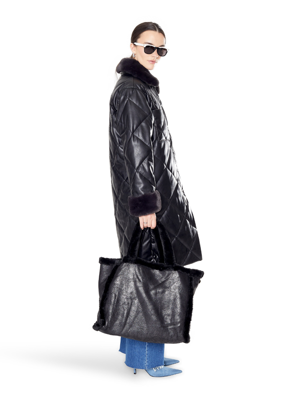 Kym Black Stormi Faux Fur Detail Vegan Leather Quilted Coat Ethical Sustainable