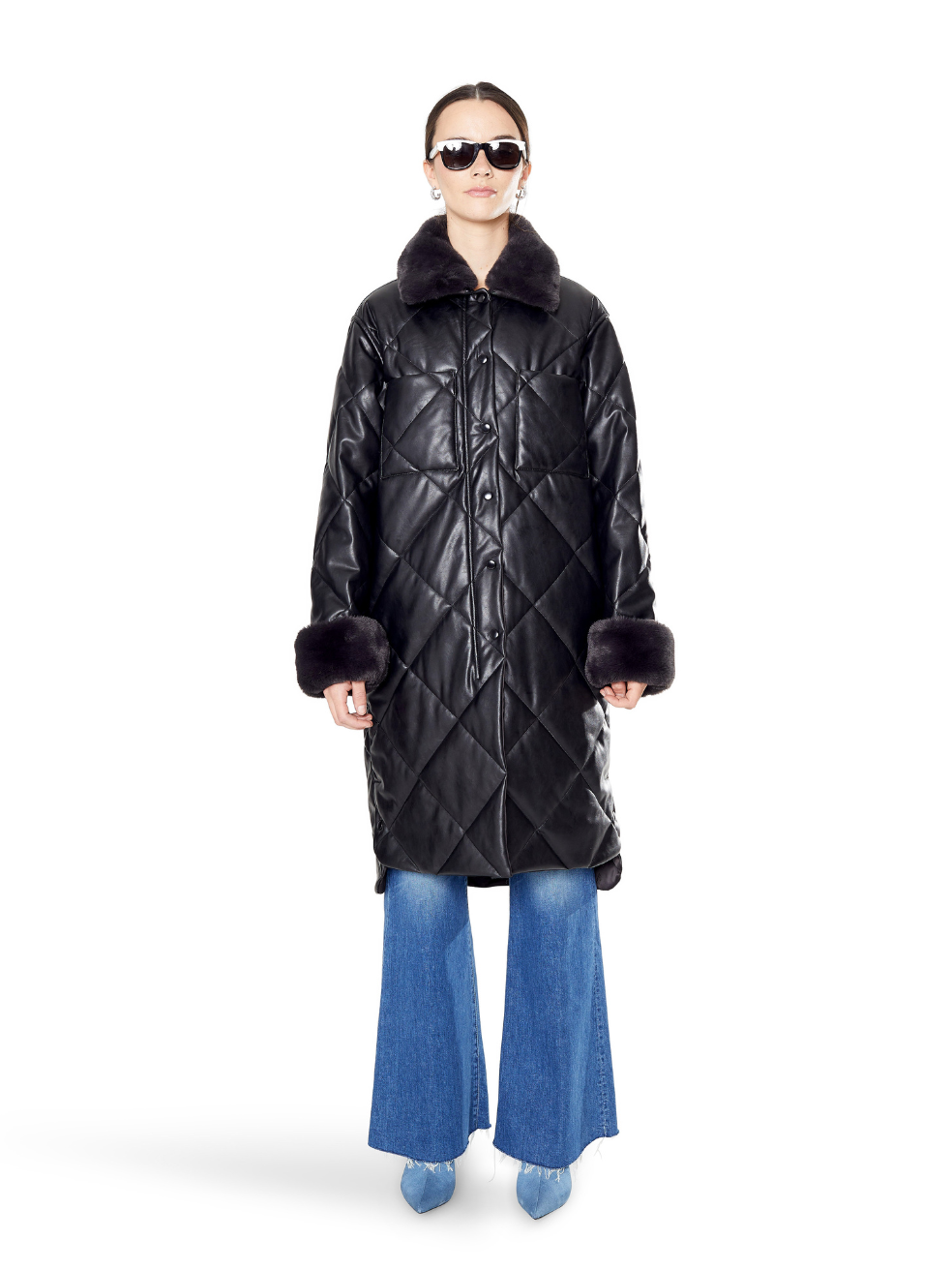 Kym Black Stormi Faux Fur Detail Vegan Leather Quilted Coat Ethical Sustainable
