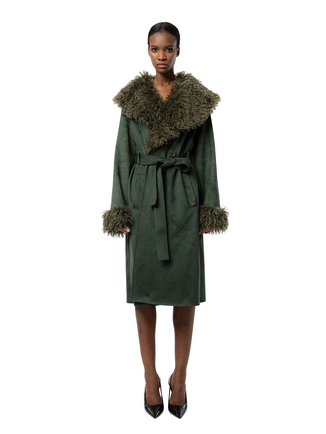 KENZIE coat in Fern — front view of lightweight faux suede wrap coat in deep green, featuring an oversized faux Mongolian fur collar and self-tie belt.