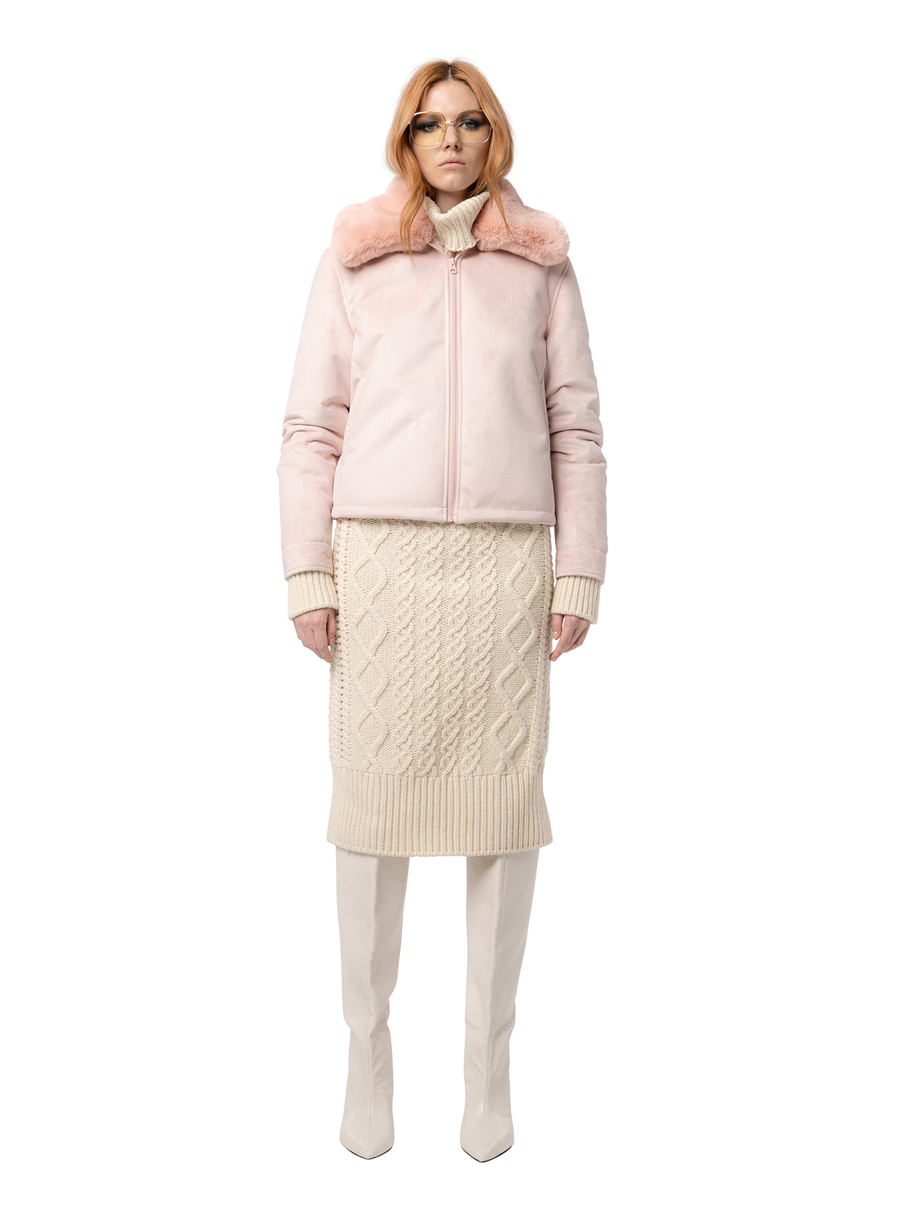 LUNA coat in Flamingo — front view of vibrant pink faux fur coat featuring a relaxed fit and wide lapels.