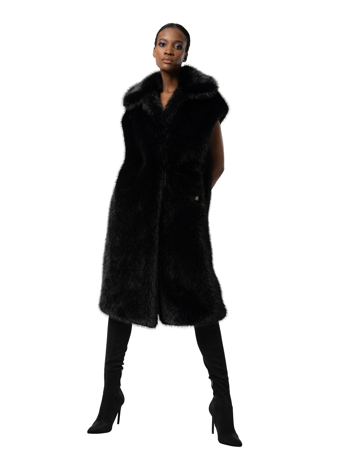 KIT coat in Ink Black — front view of mid-length black faux fur coat featuring a structured collar and softly tailored silhouette.