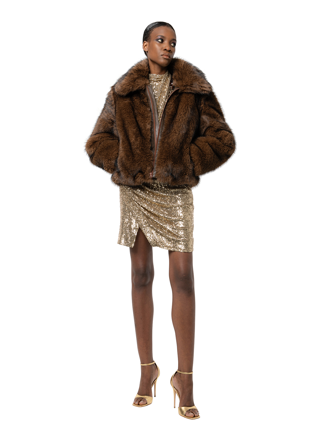 Front view — KELLY coat in Grizzly captured from the front, showcasing rich faux fur and the signature oversized collar.