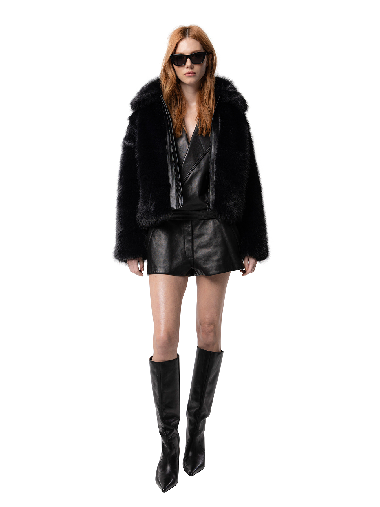 Front view — KELLY coat in Ink Black shown from the front, featuring bold collar and clean zip-front closure.