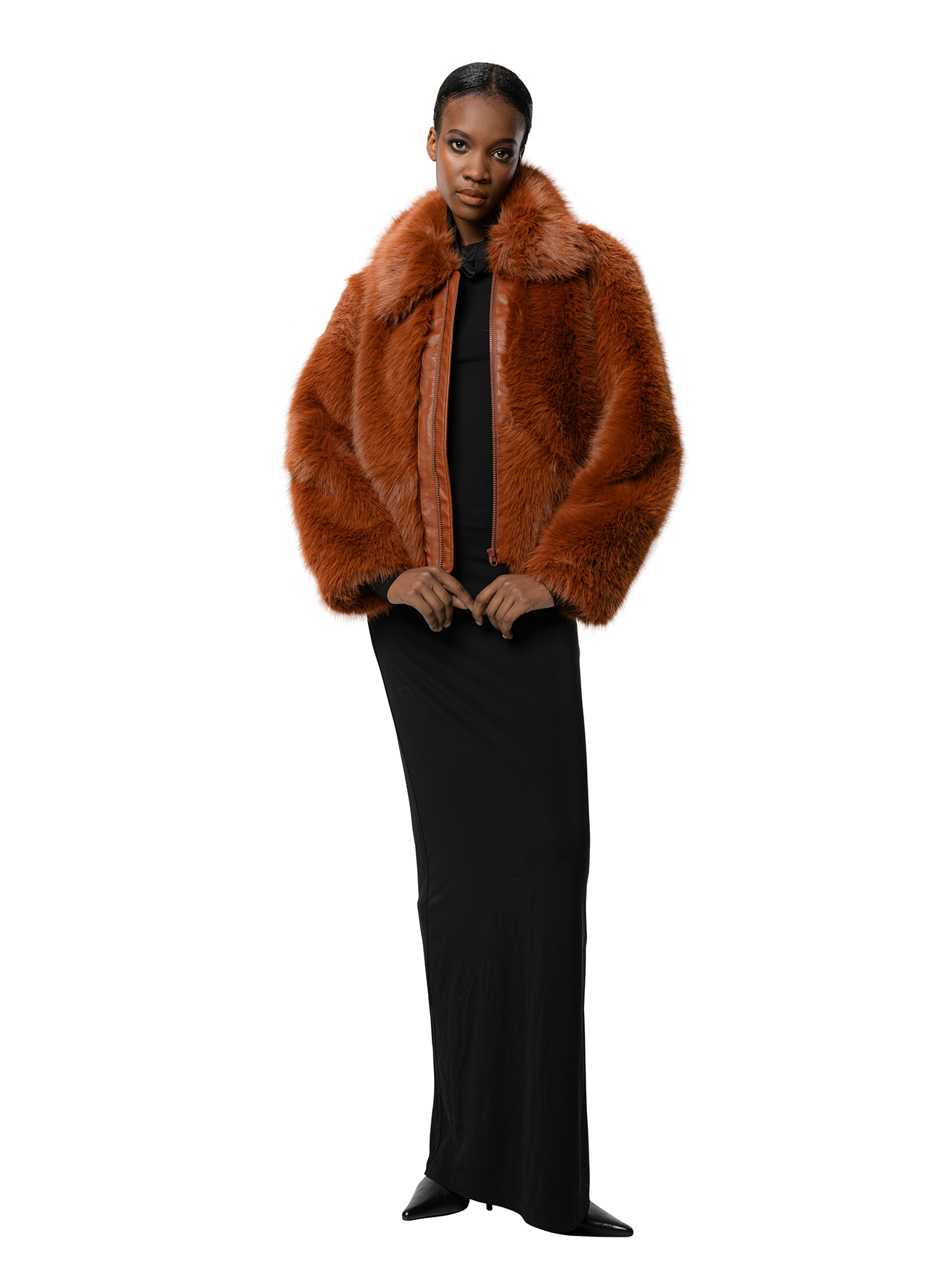 Luxury KELLY rust vegan fur coat — warm and stylish with a softly structured silhouette and subtle utilitarian details.