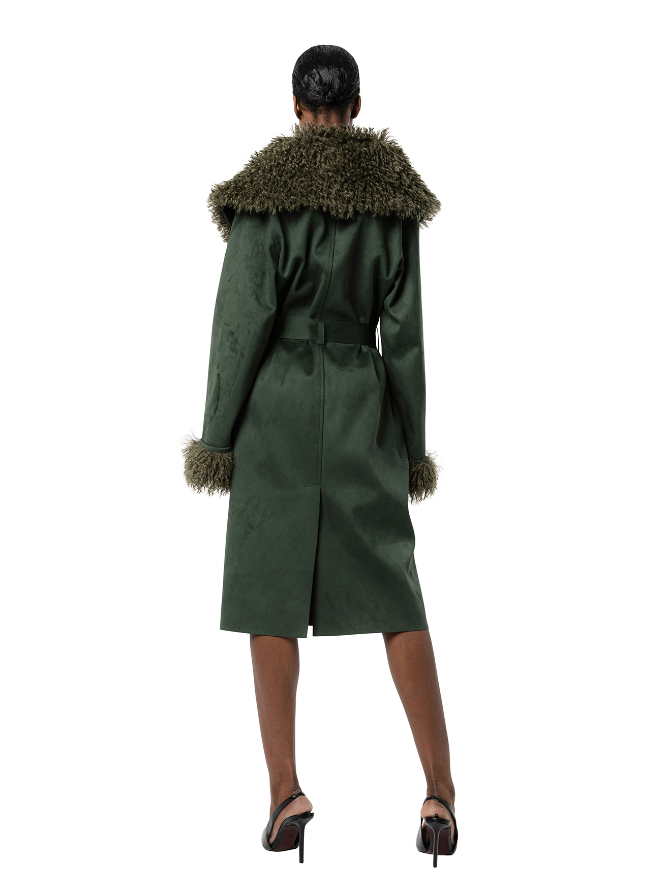 Back view — KENZIE coat in Fern seen from behind, showcasing the flowing lines, vegan suede texture, and cinched waist detail.