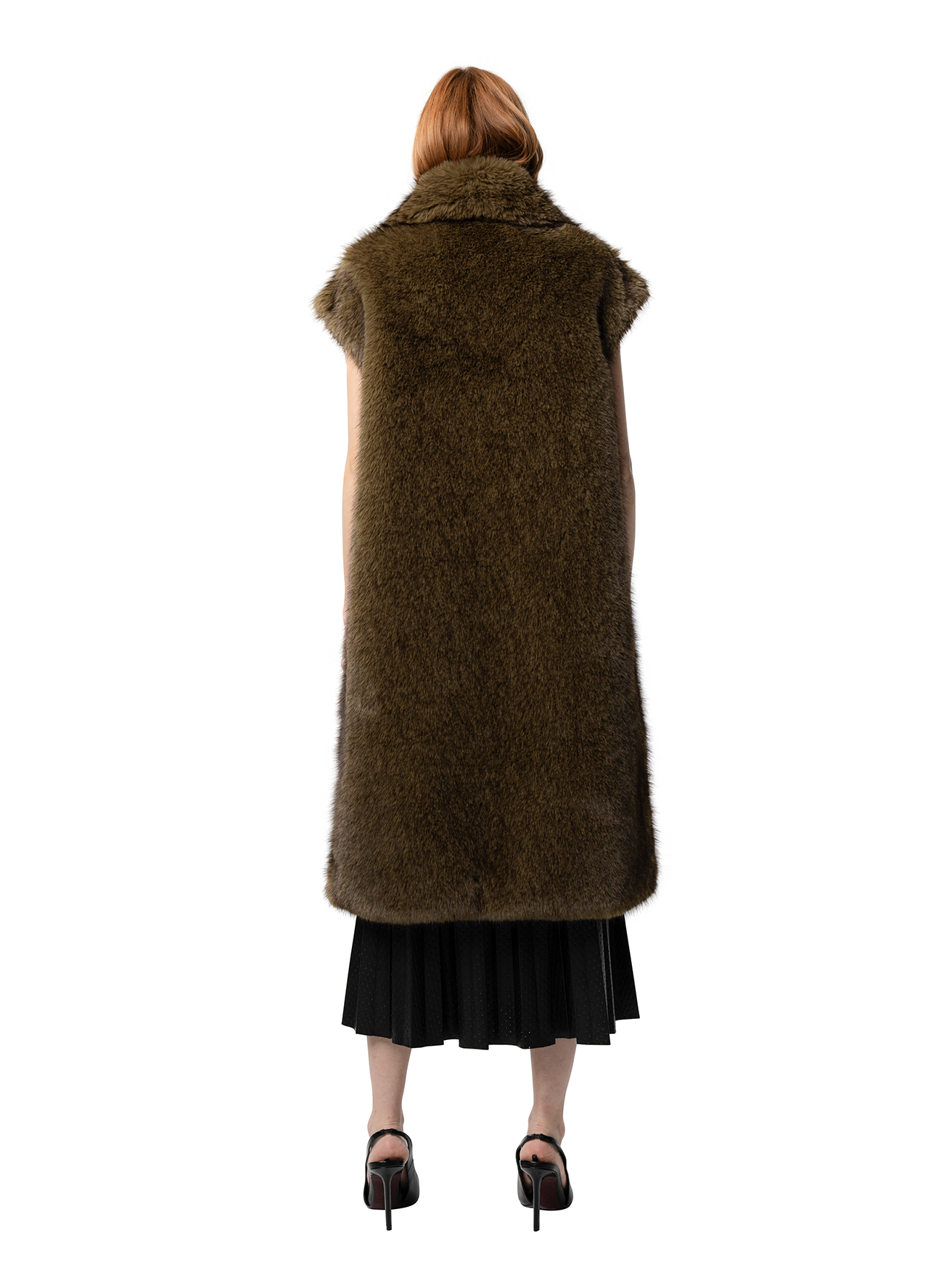 Back view — KIT coat in Olive seen from behind, showcasing the smooth texture and streamlined shape in deep olive tones.