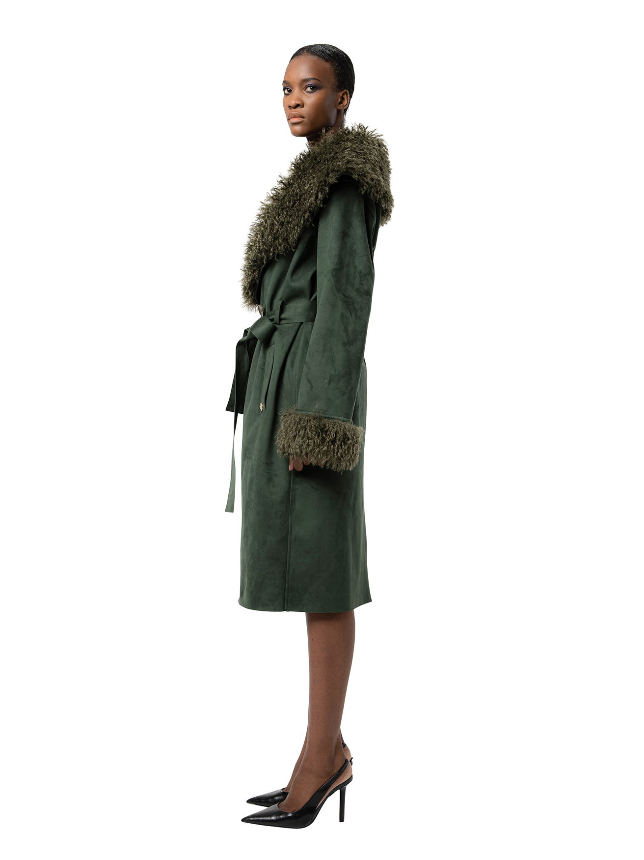 Side view — KENZIE in Fern shown from the side, highlighting the soft drape, turn-back cuffs, and plush faux fur trim.