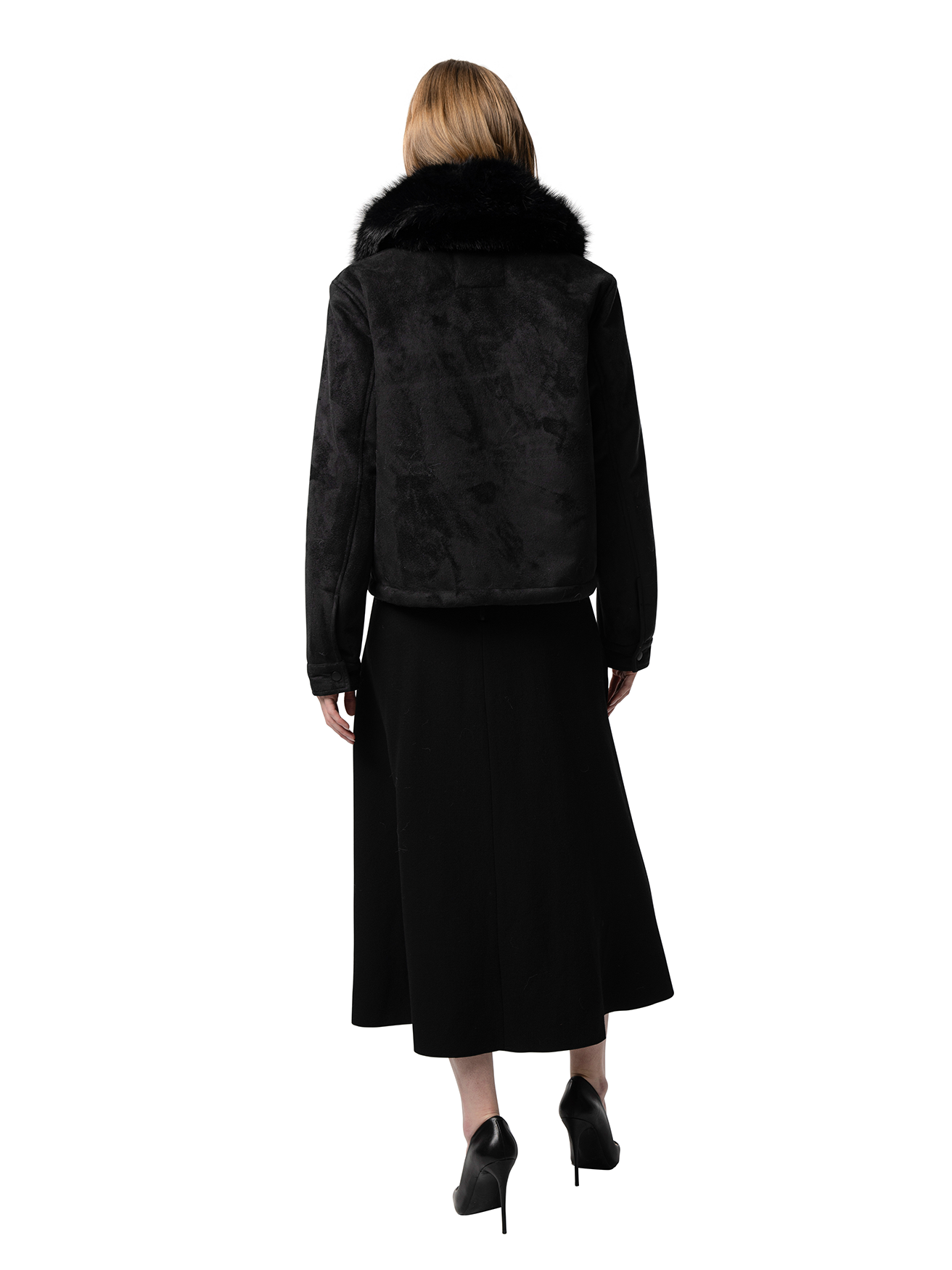 Back view — LUNA coat in Twilight seen from behind, showcasing the soft texture and rich twilight grey hue.
