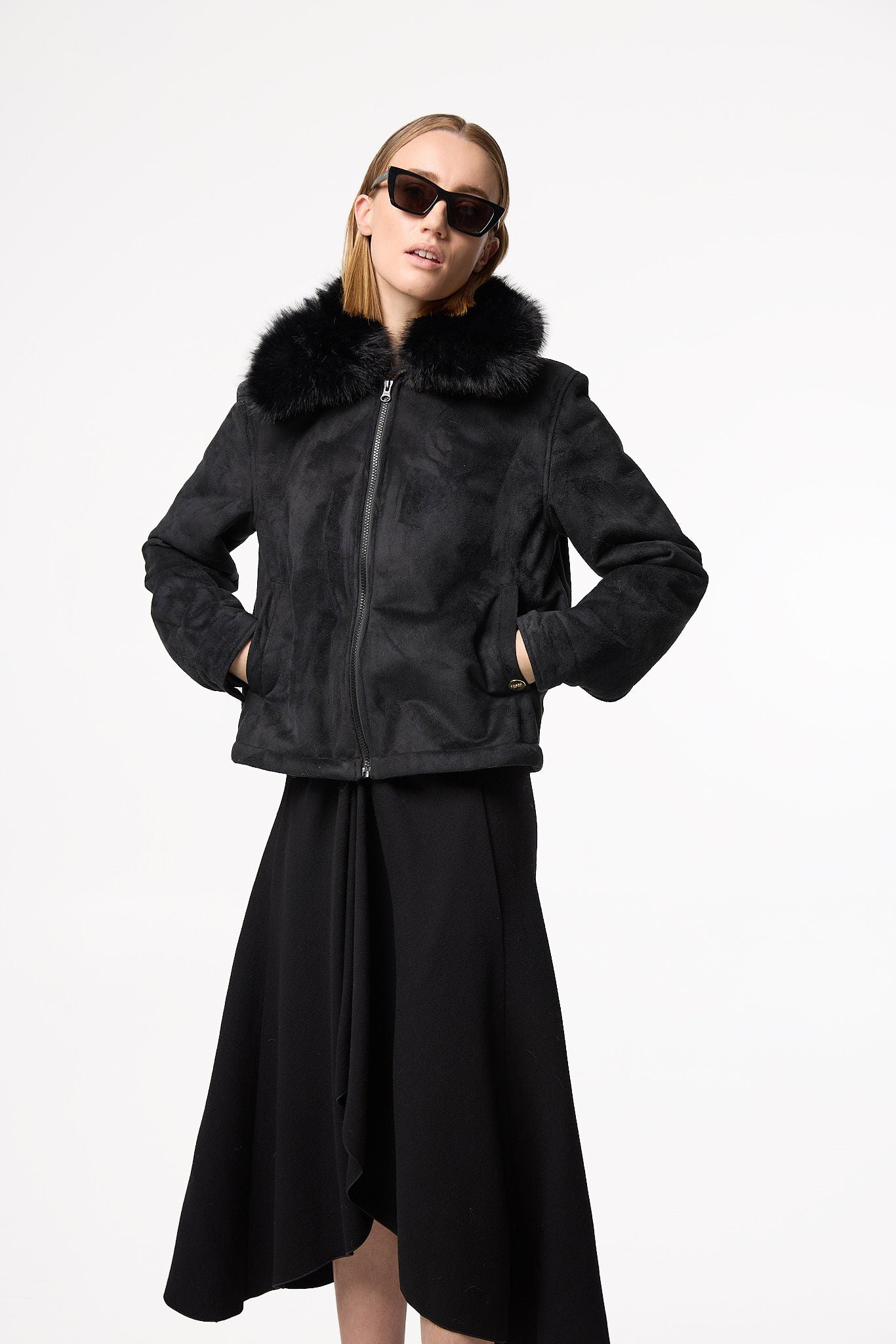 Detail shot — close-up of the LUNA coat in Twilight, emphasizing the rich faux fur texture and dark grey colour.