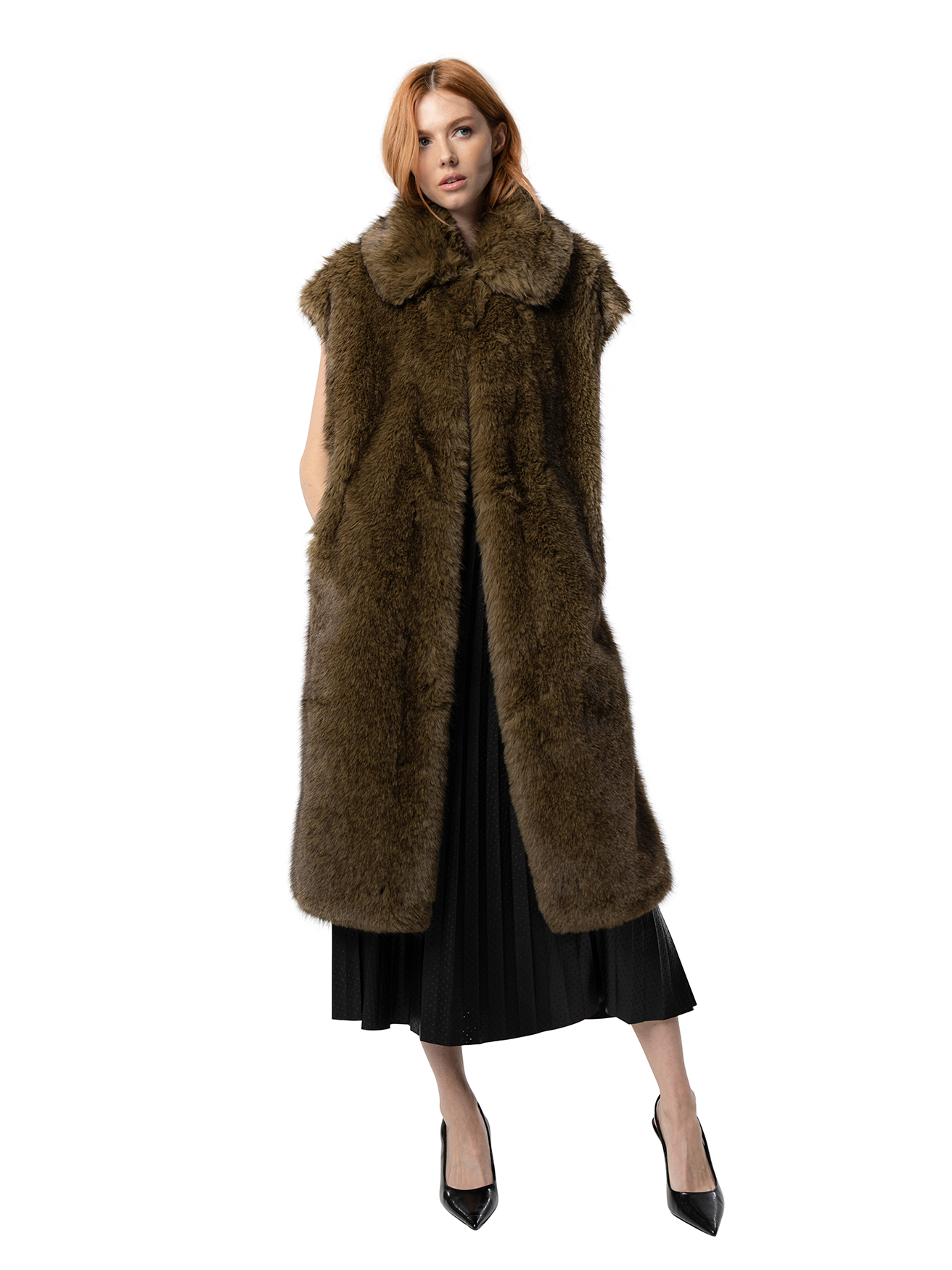 KIT coat in Olive — front view of mid-length faux fur coat in rich olive green, featuring a structured collar and softly tailored silhouette.