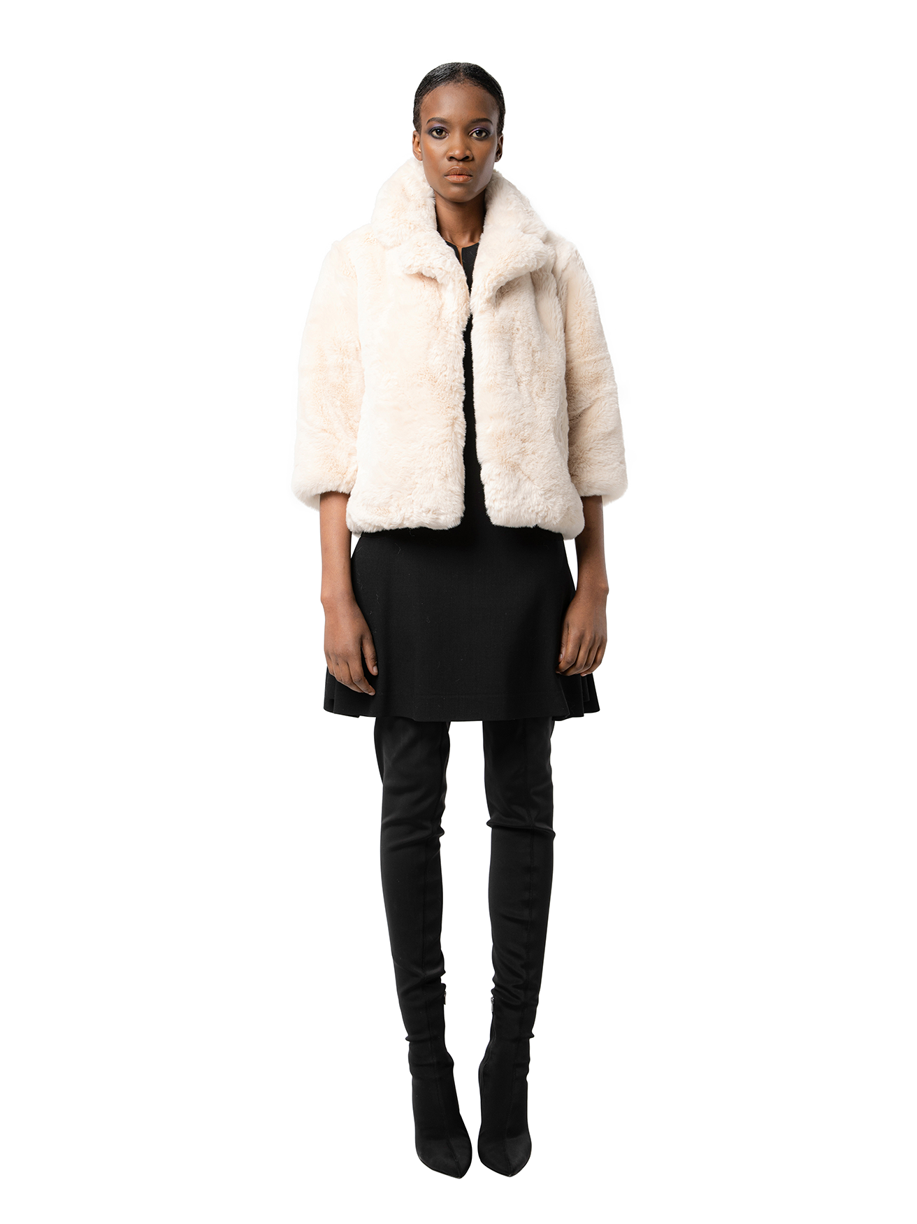 WENDY coat in Pearl — front view of luxurious ivory faux fur coat featuring a wide collar and softly structured fit.
