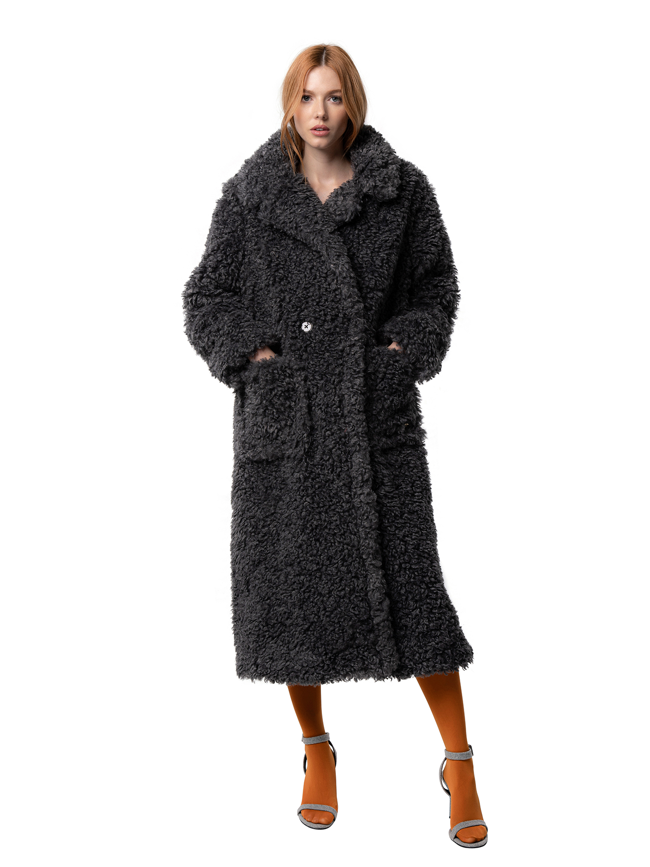 RUE coat in Shadow — front view of sleek charcoal grey faux fur coat with clean lines and a minimalist collar.